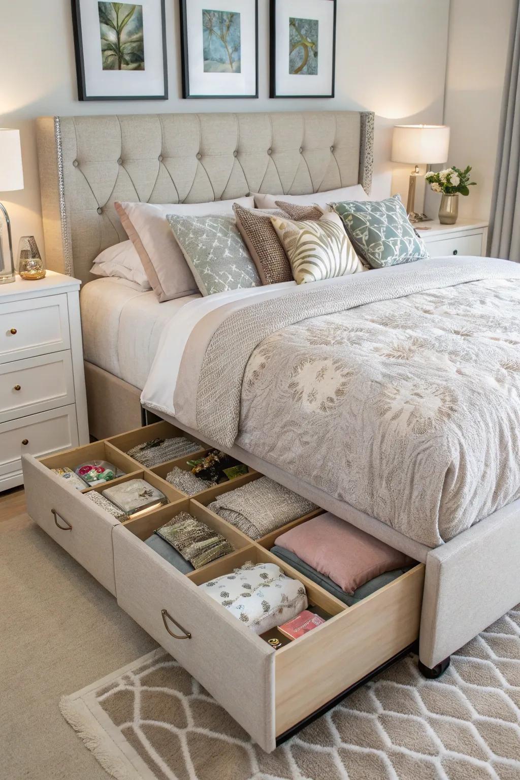 Use under-bed drawers to keep your space tidy.