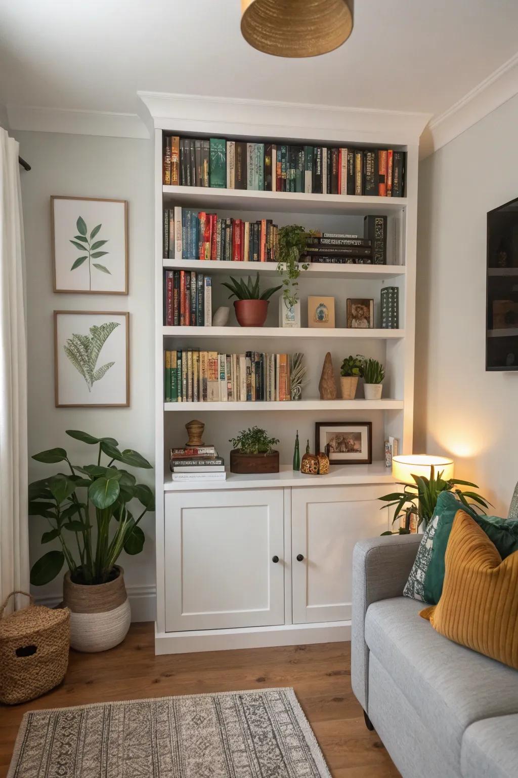 Built-in wall shelves filled with books and decor.