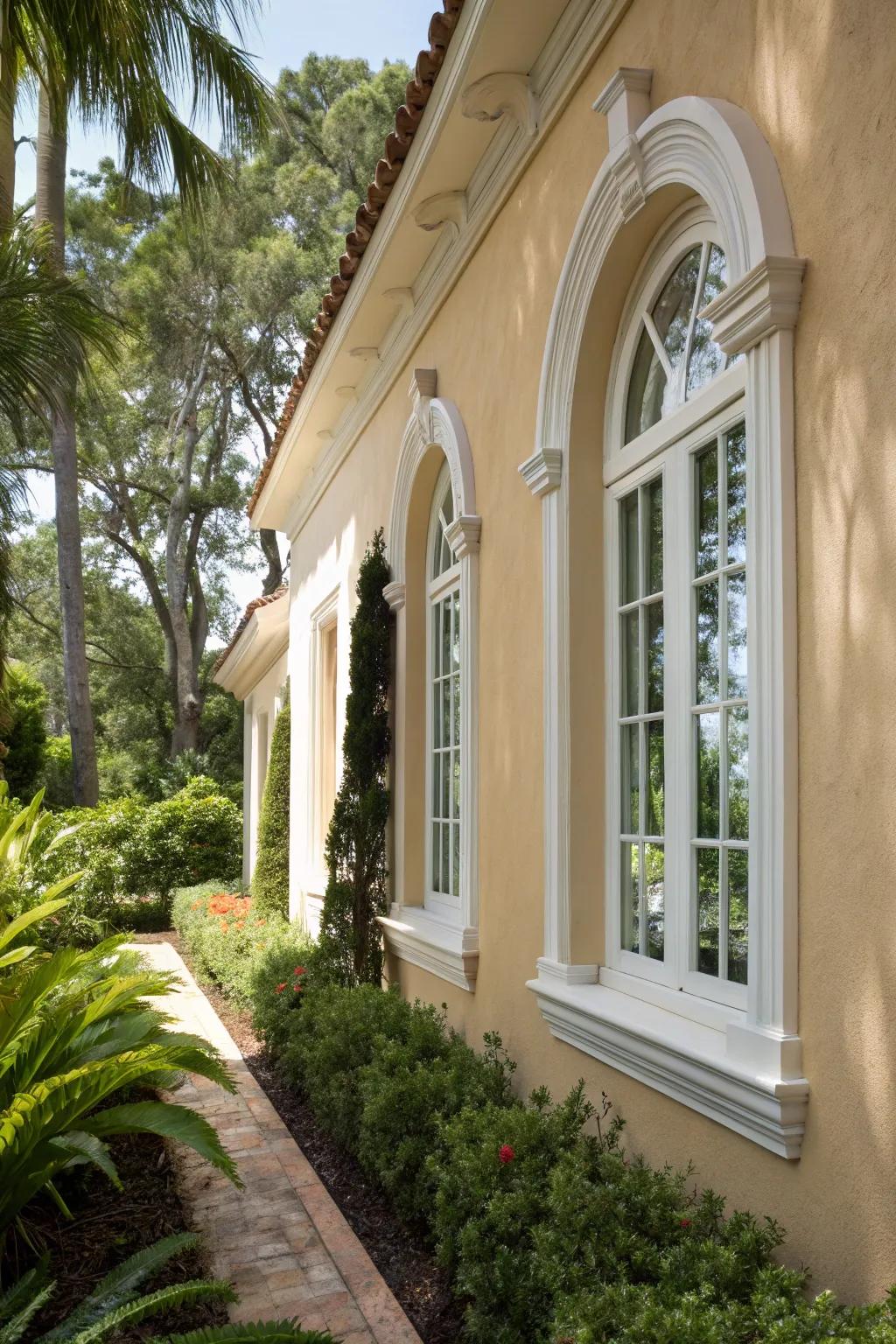 Classic white trims enhance the elegance of this Mediterranean-style stucco home.