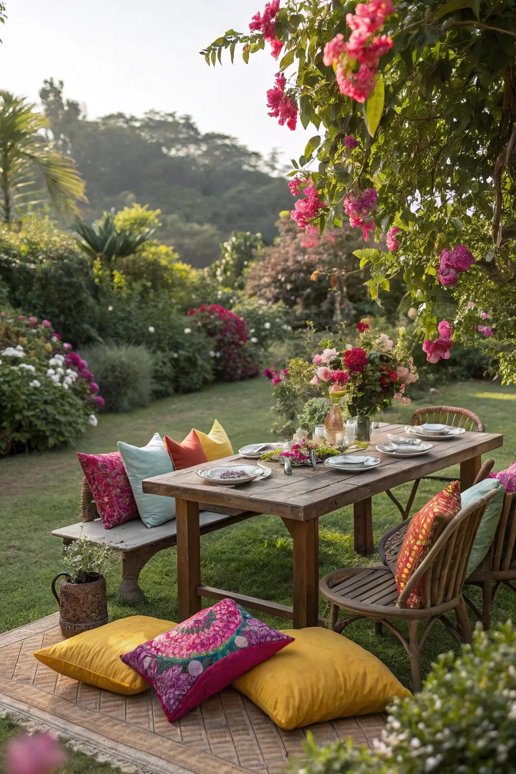 Dine among the flowers with a beautiful garden dining setup.