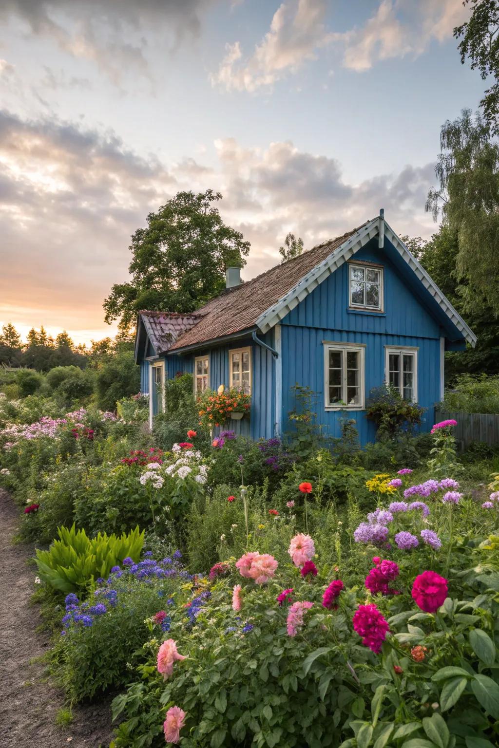 A summer house in bold blue makes a striking statement amid a vibrant garden.