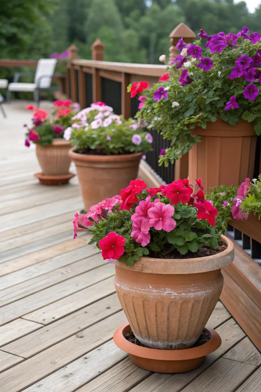 Terracotta pots with bright petunias and geraniums