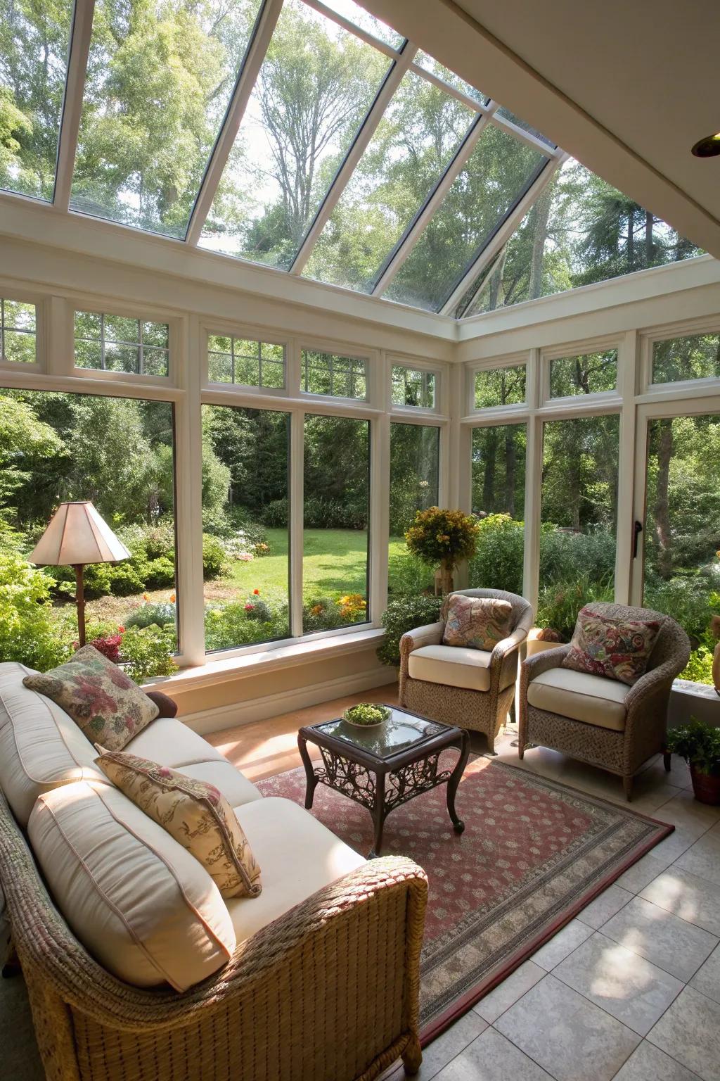 Panoramic windows in a sunroom create a seamless blend with the outdoor garden.