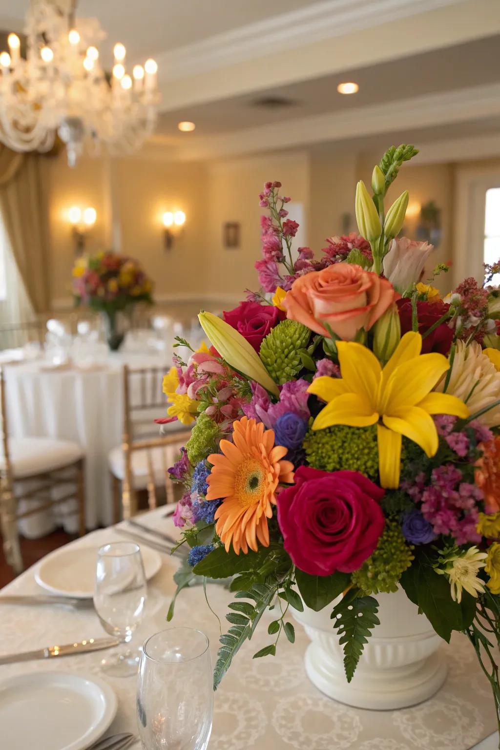 A vibrant centerpiece featuring mixed blooms of peonies, roses, and dahlias.