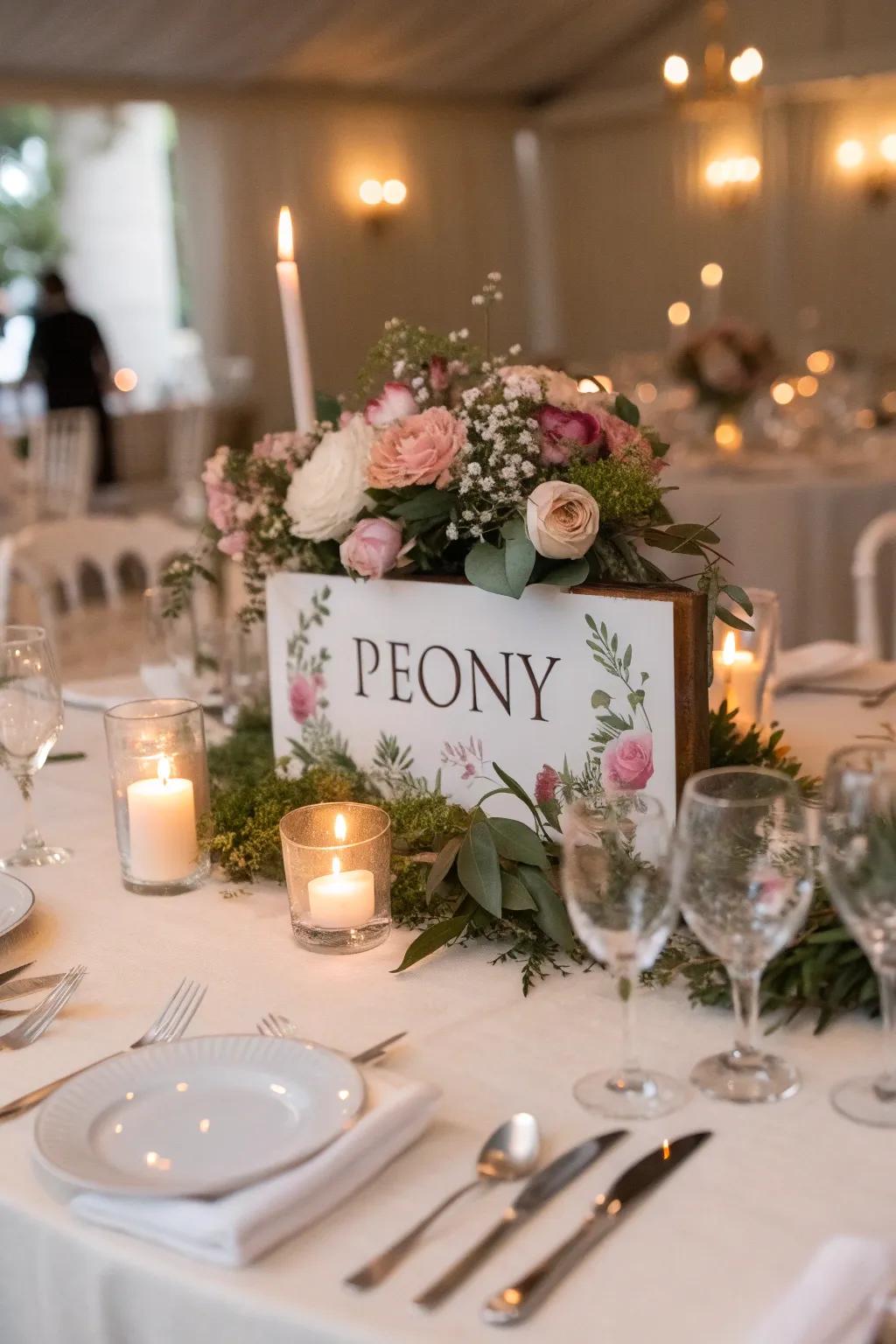 Tables named after flowers create a romantic atmosphere.