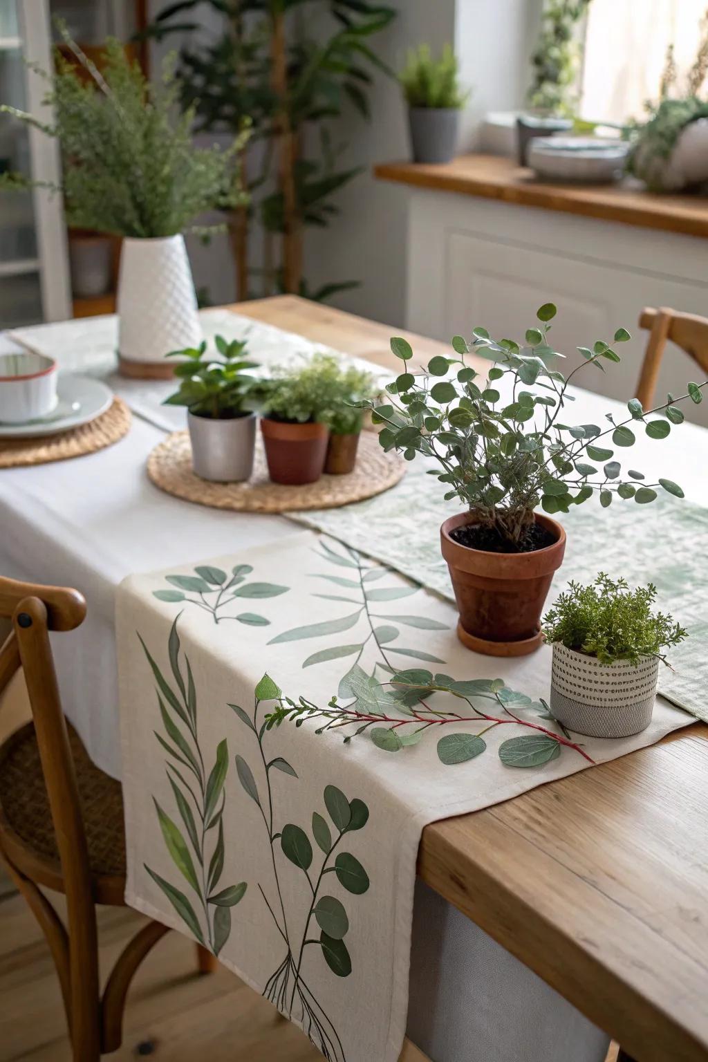 Nature-inspired table runner with lush greenery for a refreshing dining experience.