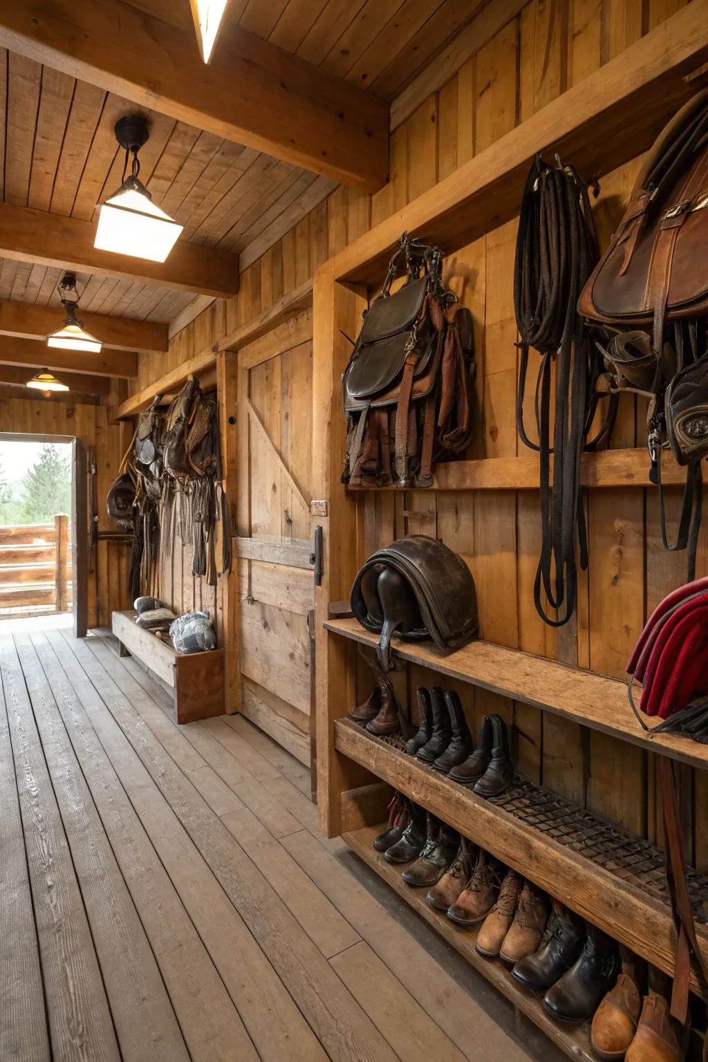 A rustic tack room featuring reclaimed wooden interiors.