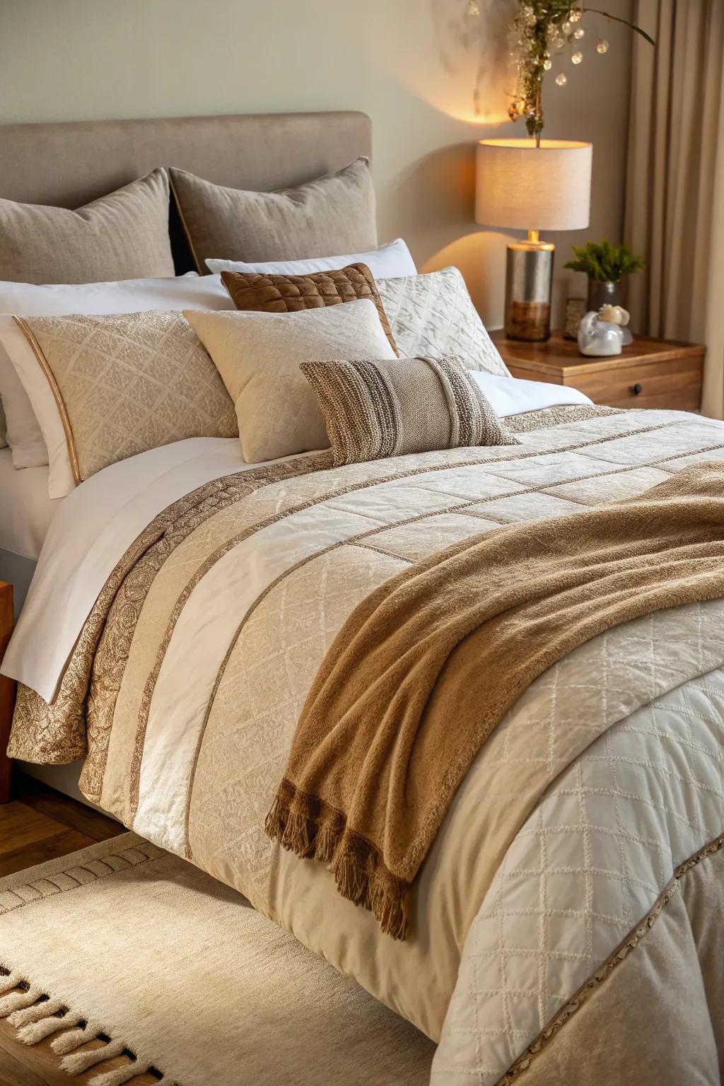 Layers of tan and beige bedding provide a cozy and welcoming foundation.