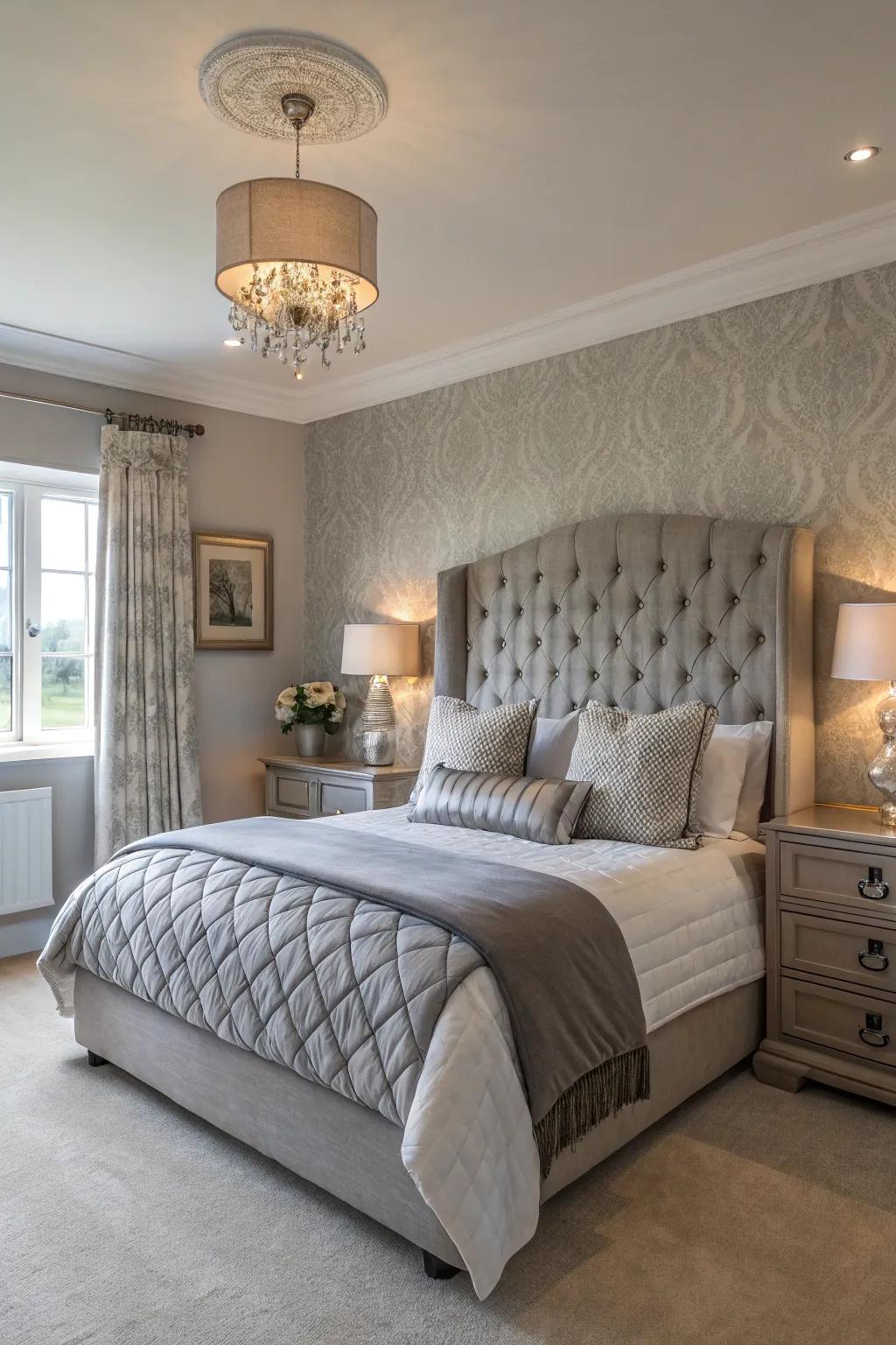 A serene bedroom with taupe walls and grey accents.