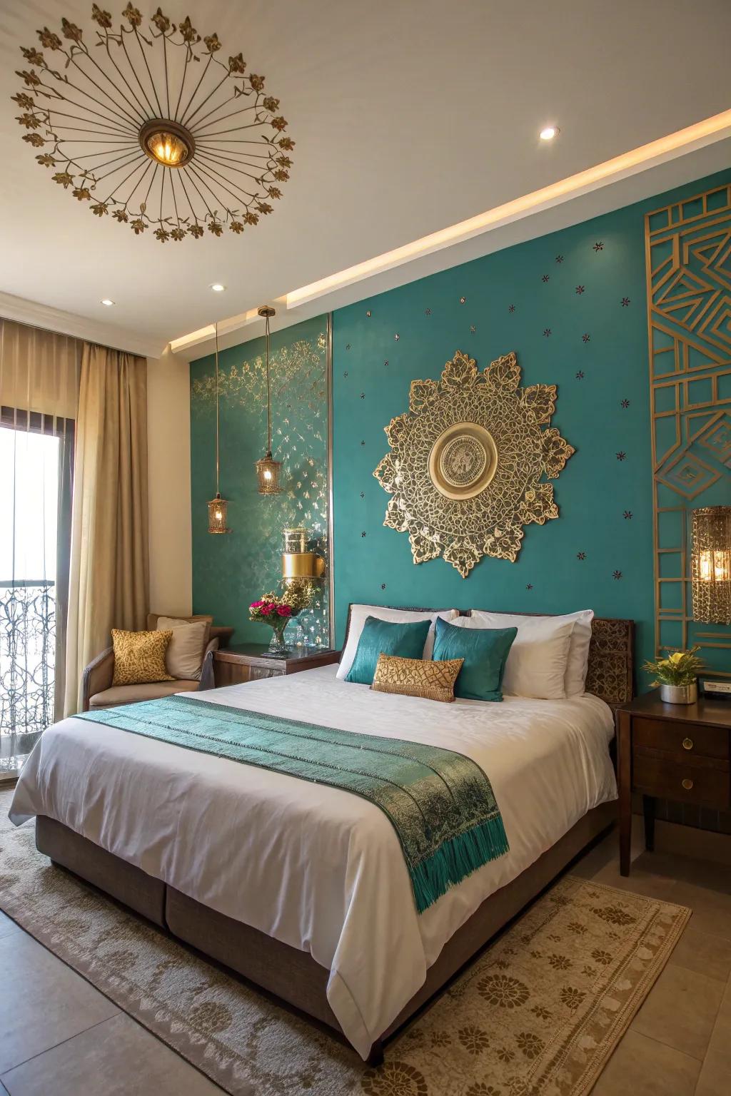 A striking teal accent wall creates a focal point in this elegant bedroom.