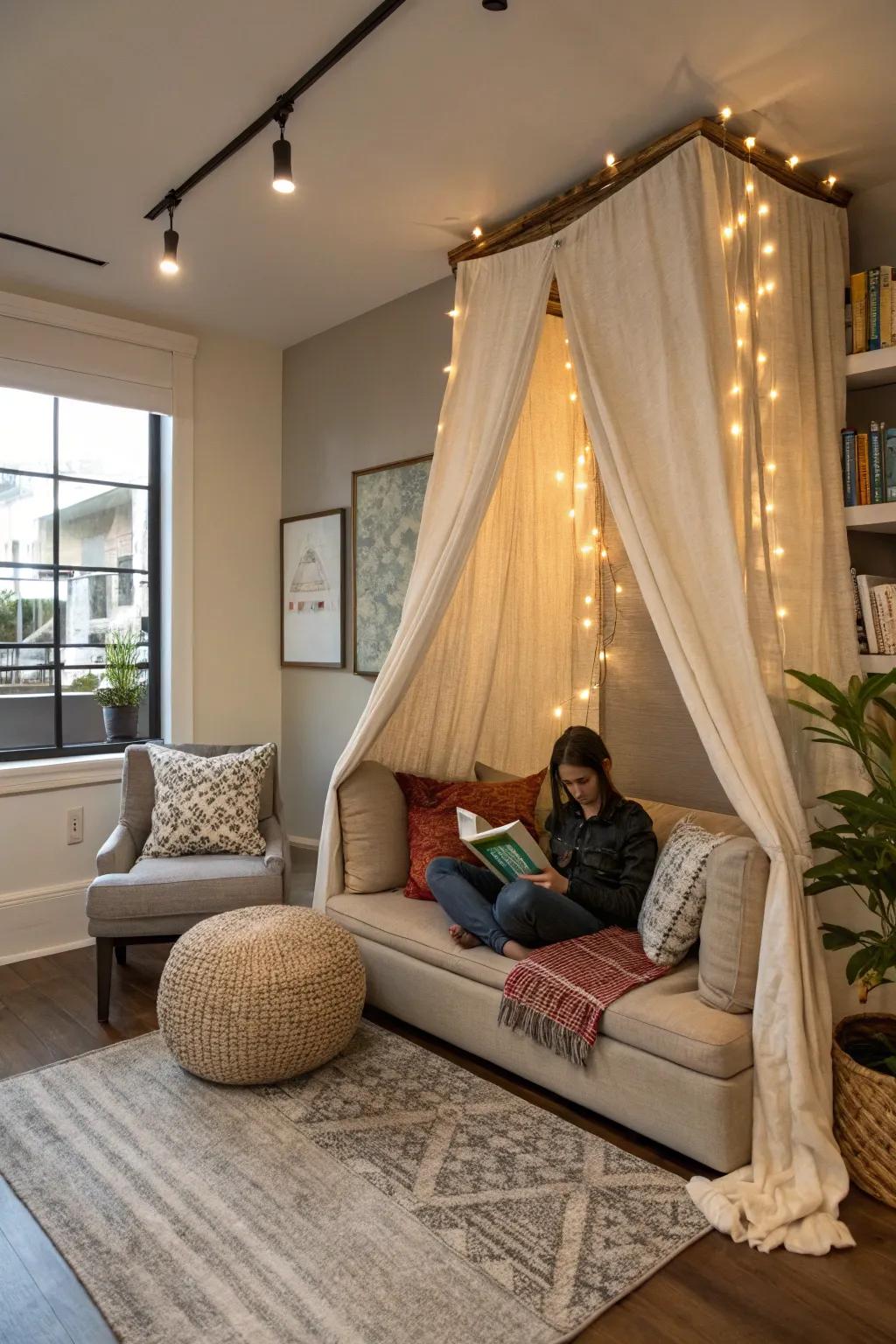 Fabric panels create an intimate reading space in a contemporary living room.