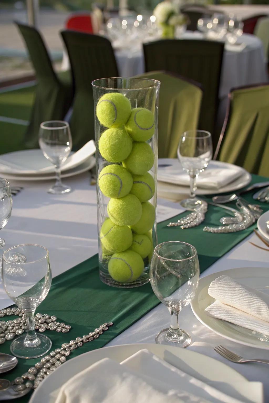 A tennis ball centerpiece adds a sporty touch to your table.
