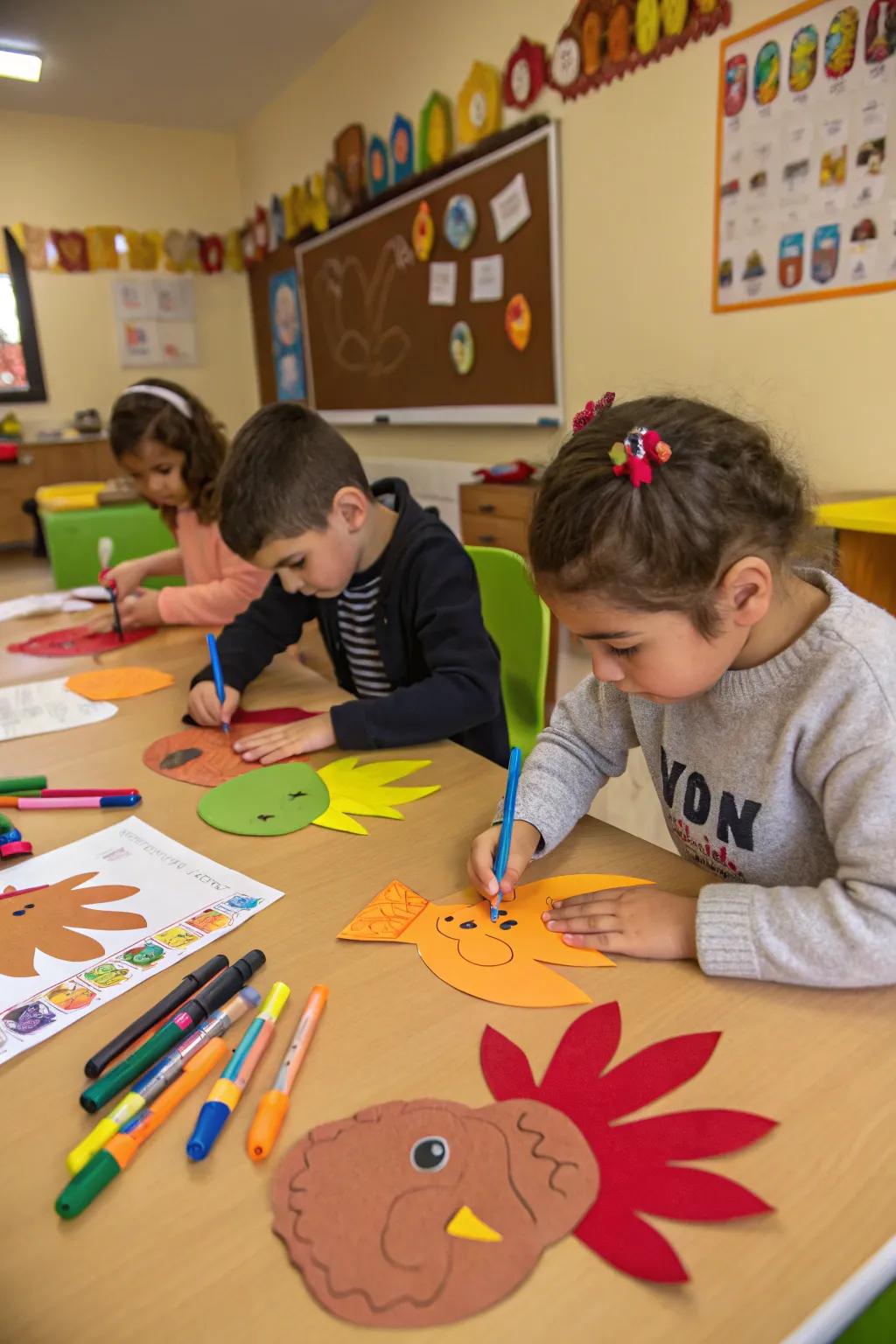 Students proudly display their colorful handprint turkeys.