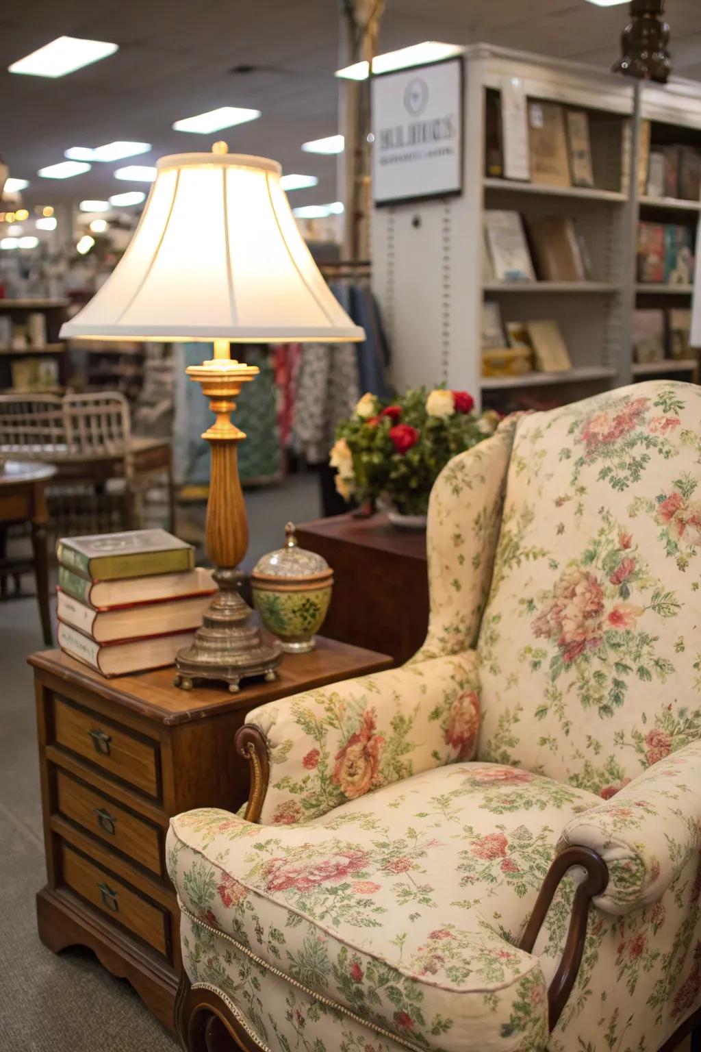 A cozy reading corner created with thrift store finds.