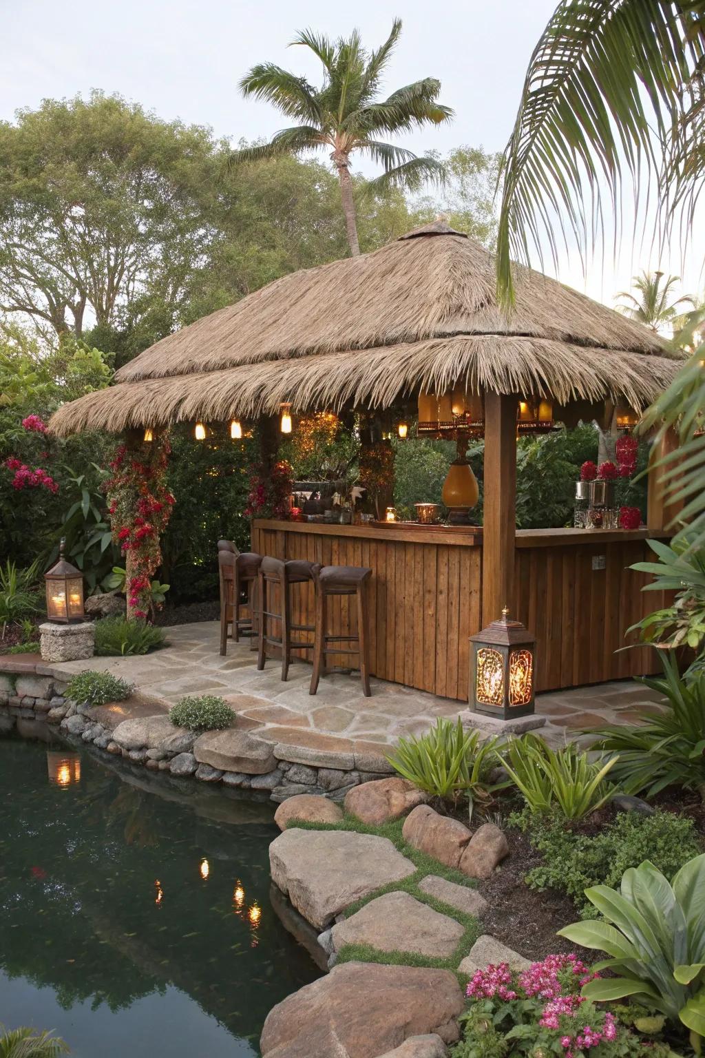 A classic thatched roof gives your tiki bar an authentic tropical feel.