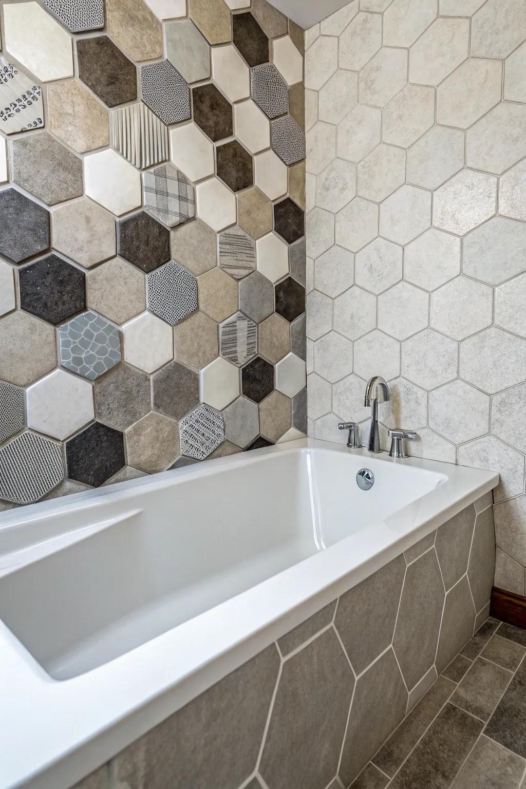 Hexagonal tiles bring a modern geometric touch to any bathtub area.