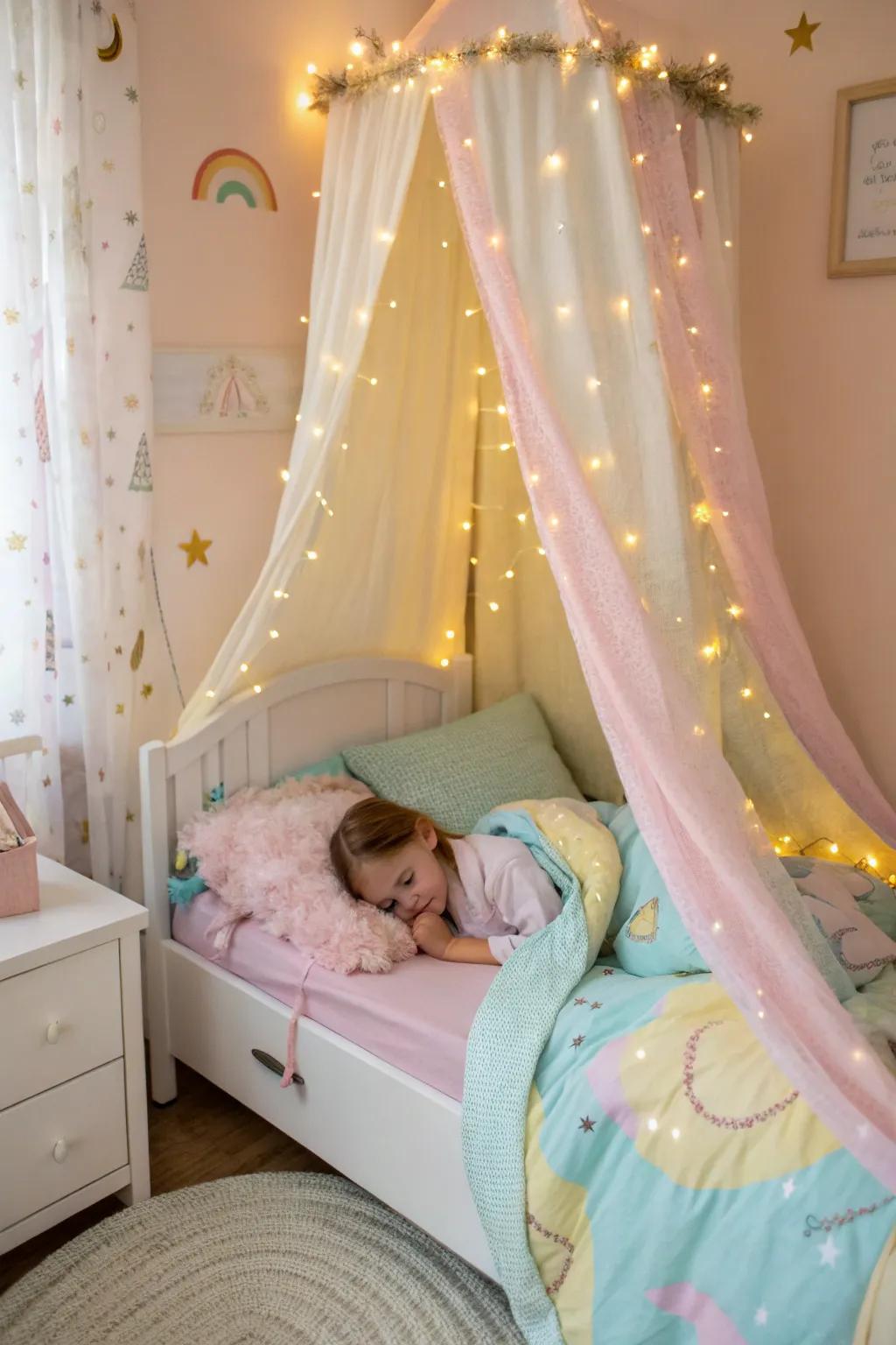 A dreamy canopy bed with fairy lights creates a perfect magical retreat for your toddler.