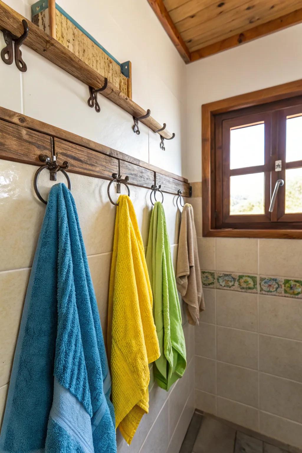 Wall-mounted hooks offer a stylish and practical towel storage solution.