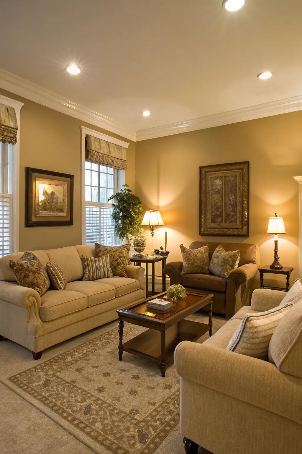 A townhouse living room with warm neutral colors for a cozy feel.