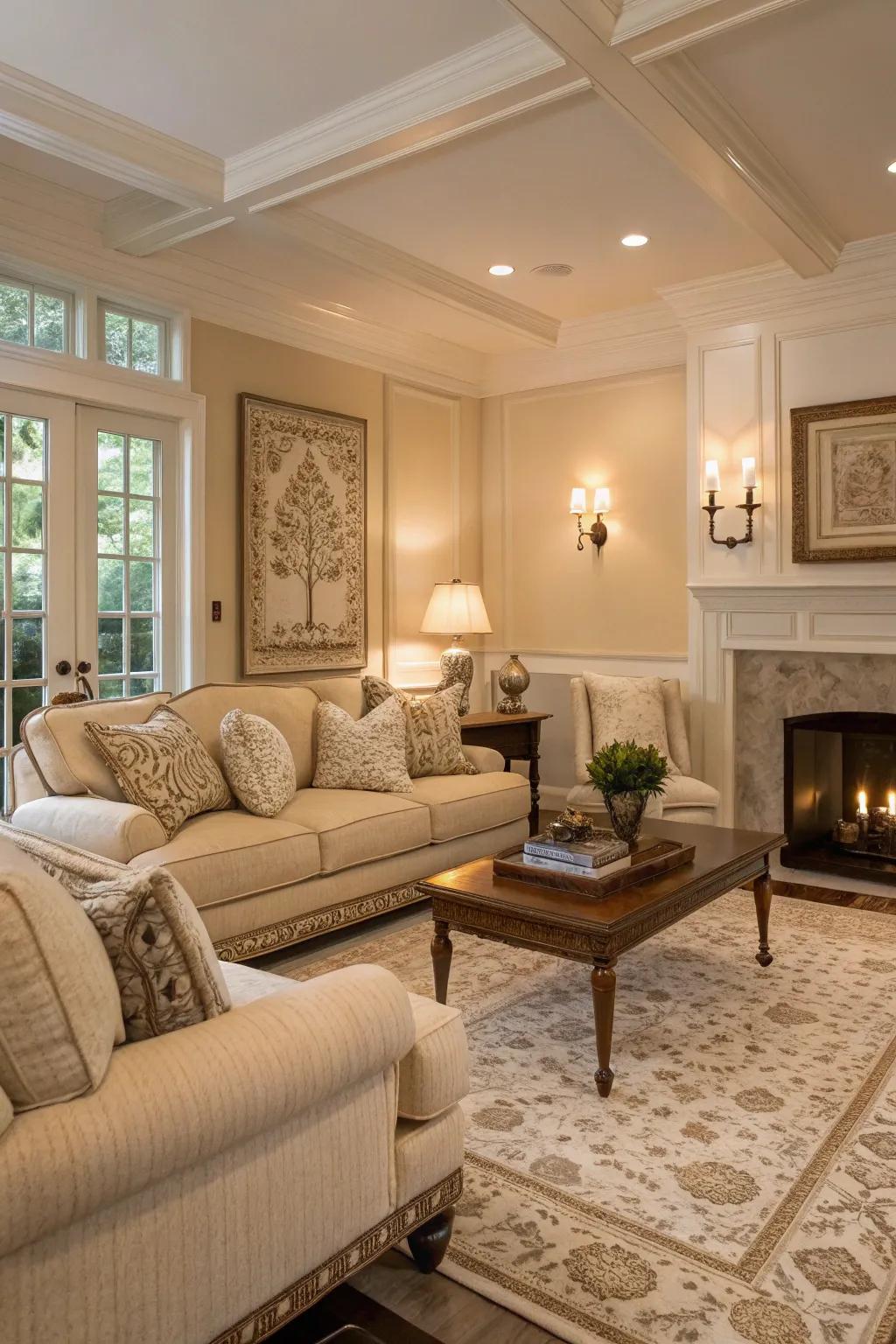 A serene traditional living room with a neutral color palette.