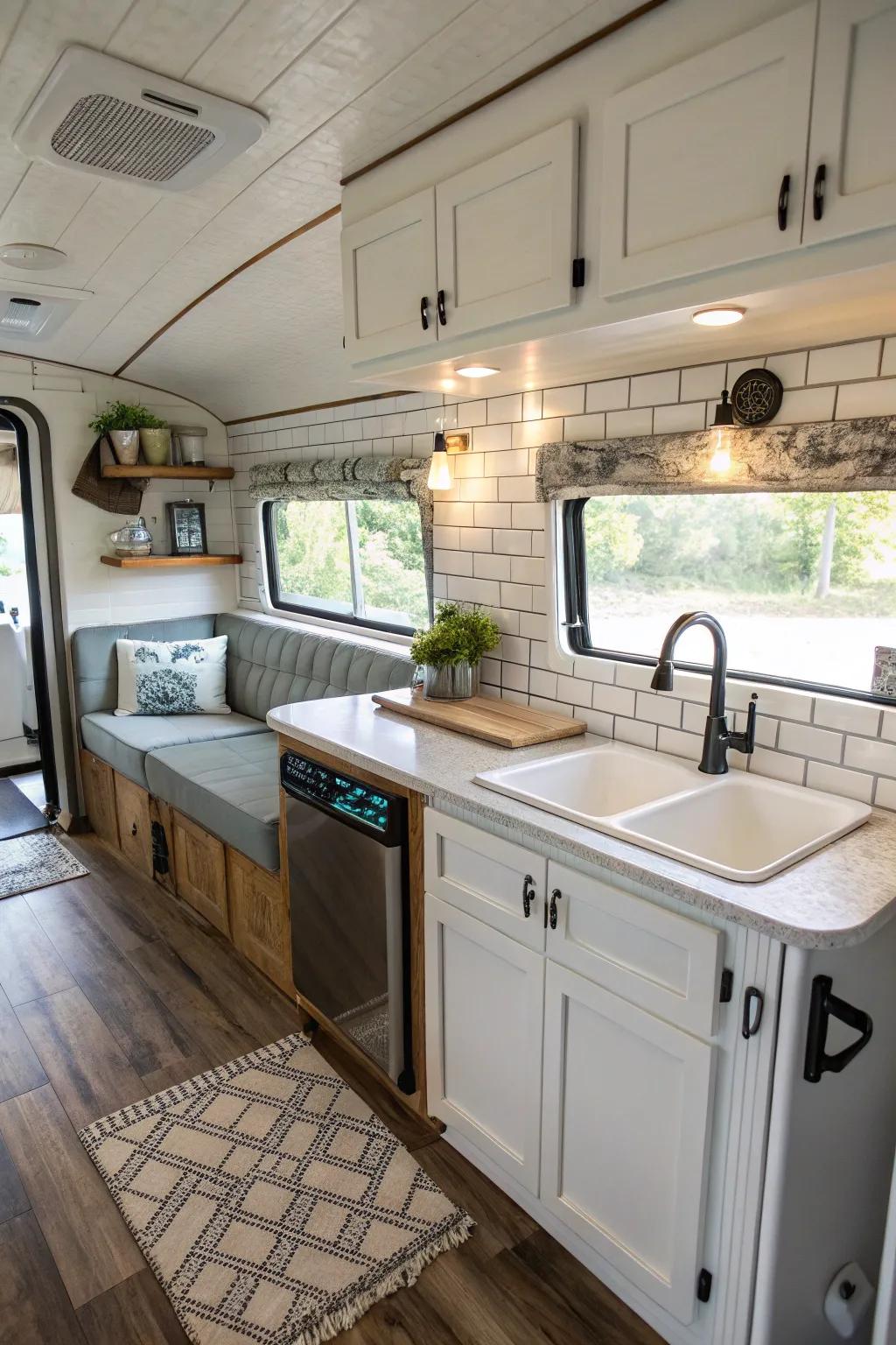 Classic white subway tiles add a clean and timeless look to your RV kitchen.