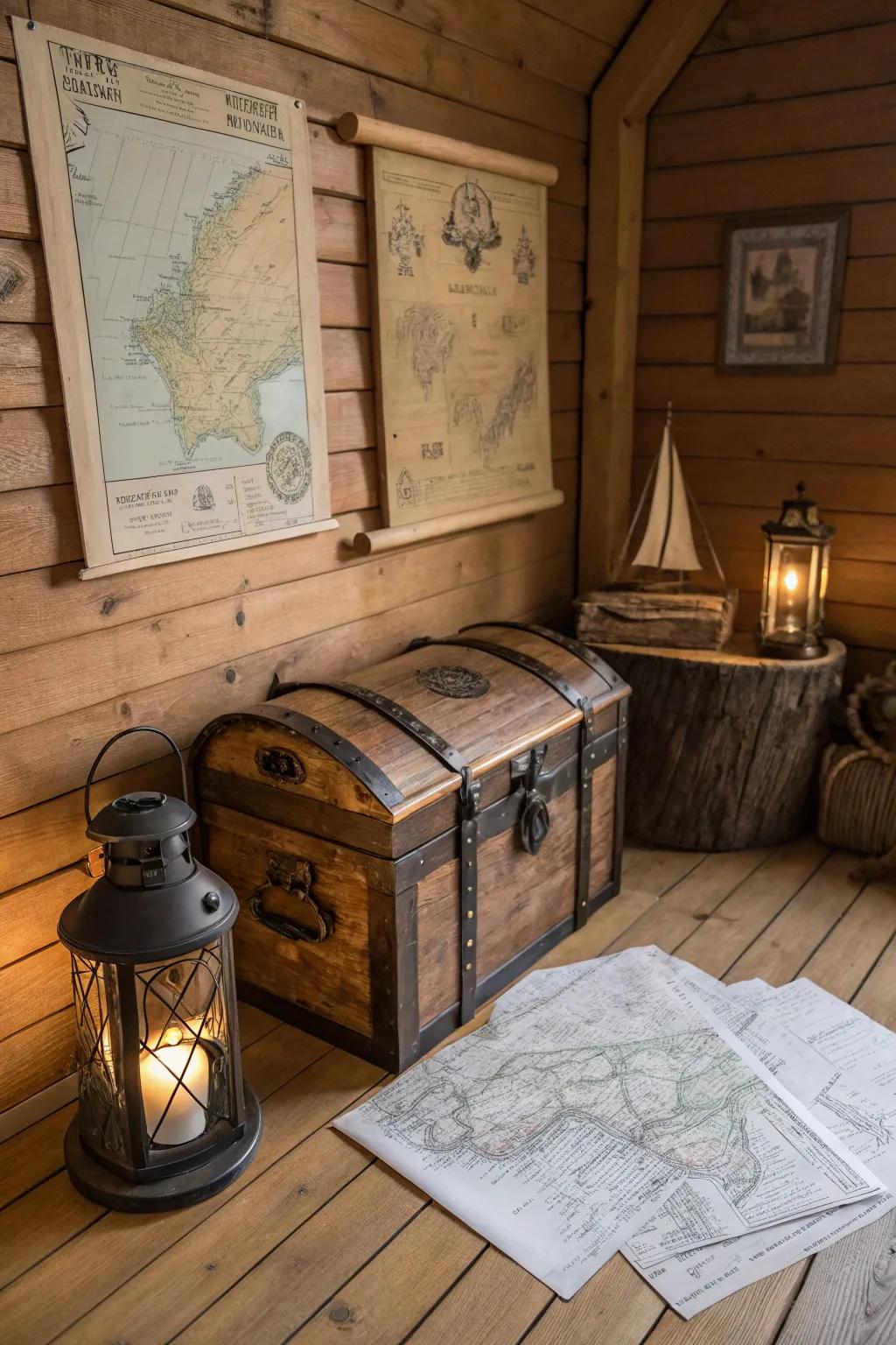 A rustic wooden treasure chest evokes nostalgia in a cabin setting.