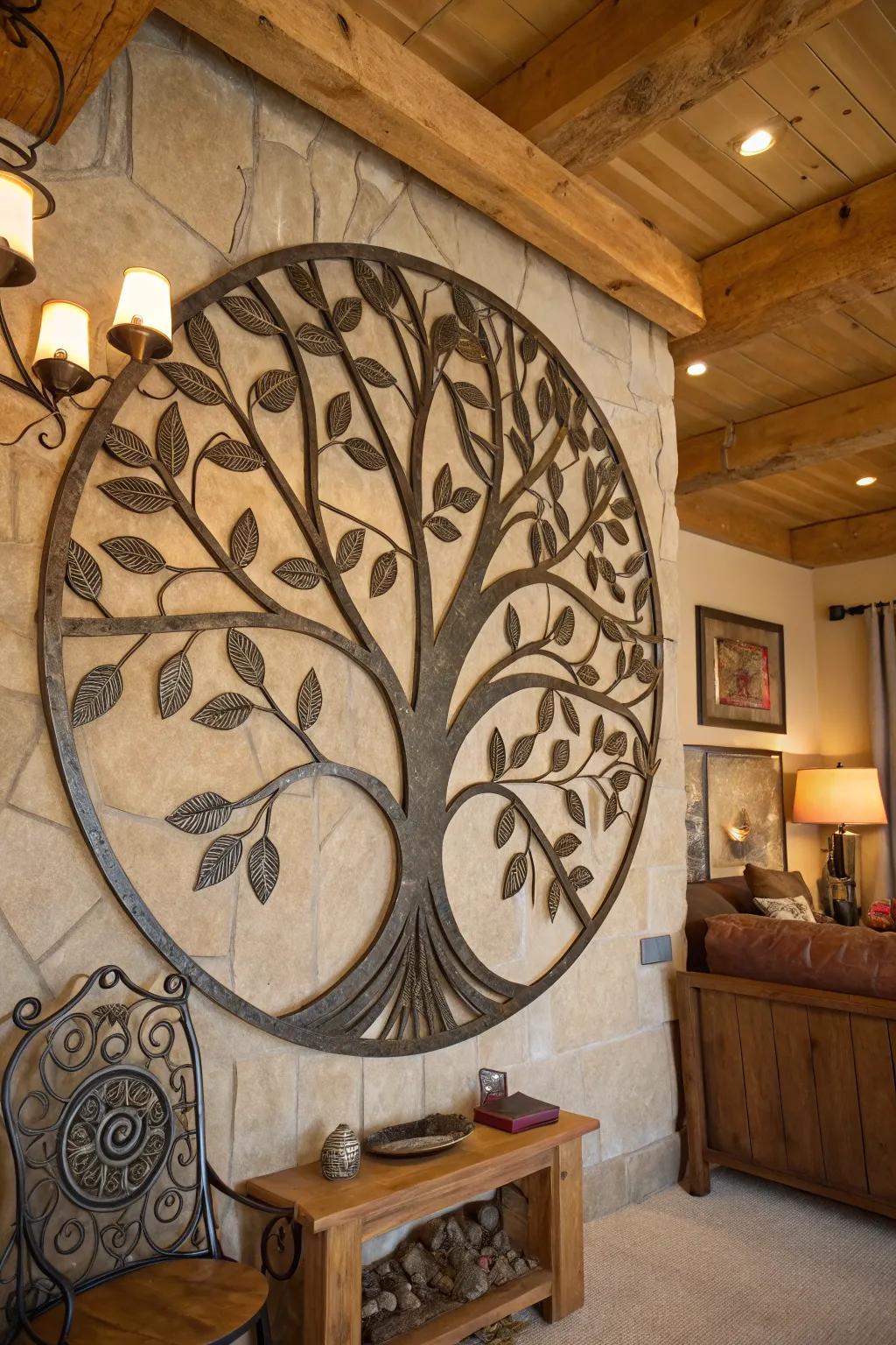 A detailed metal Tree of Life wall art graces a rustic living room.