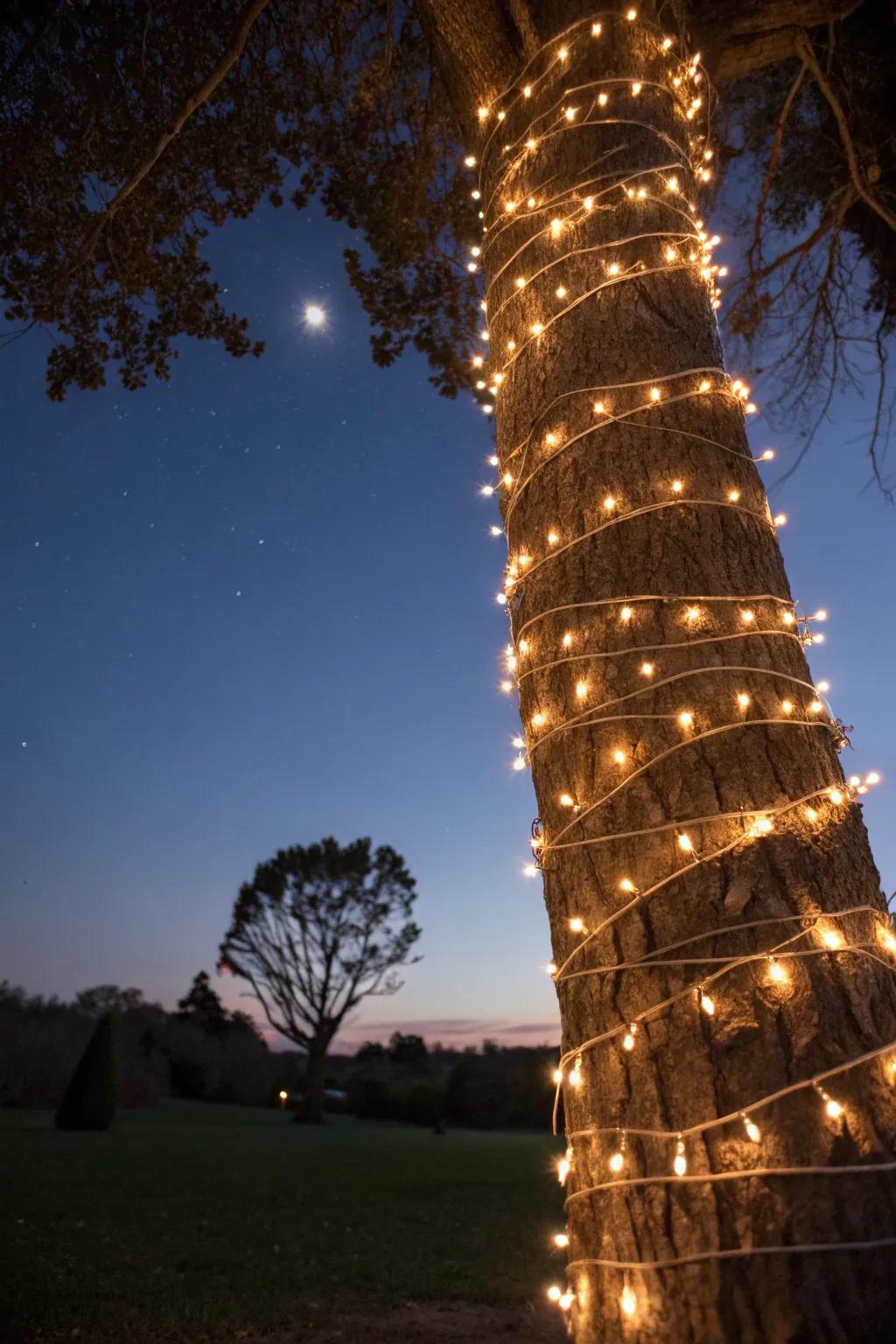 String lights wrapped around a tree trunk create a magical effect.