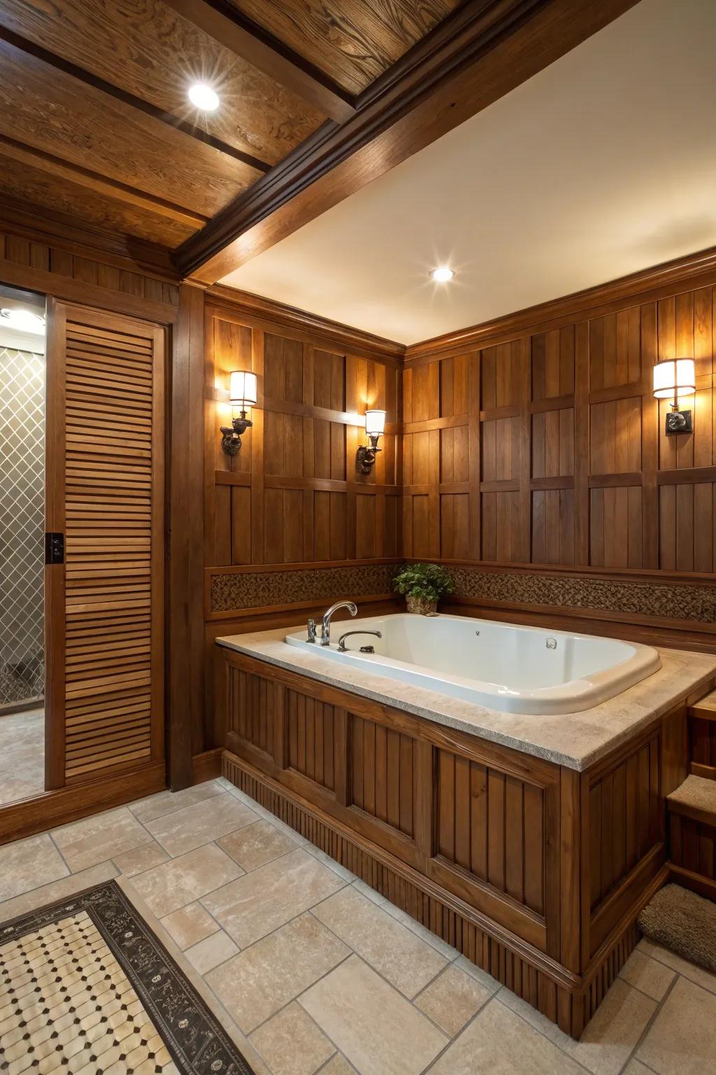 A tub deck with natural wood accents that exude warmth and coziness.