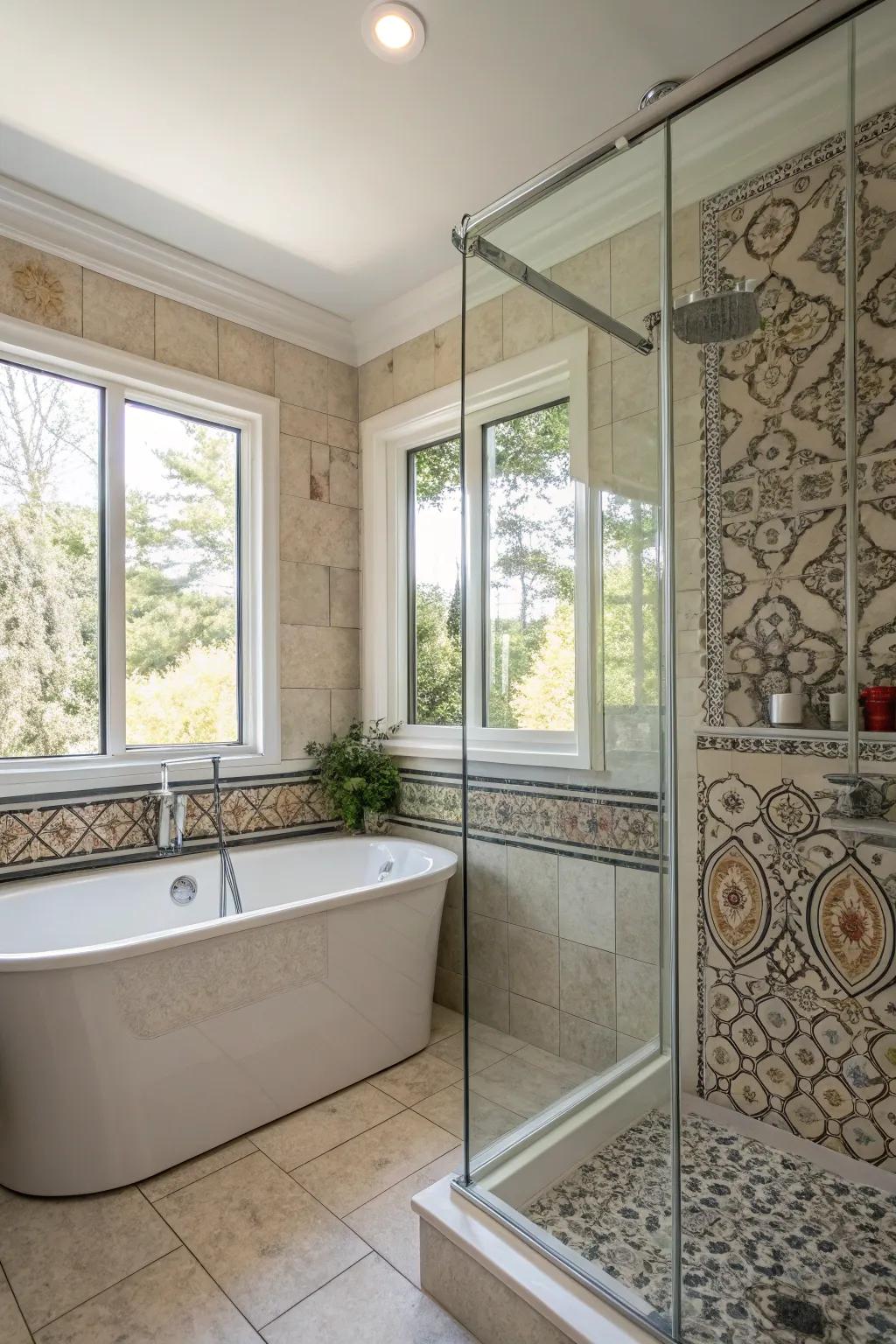 A sleek glass enclosure beautifully encases a tub and shower, enhancing the space with natural light.