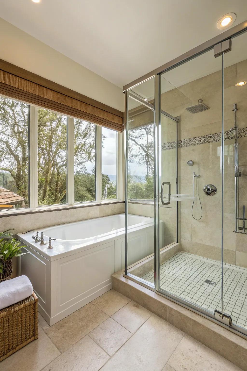 Clear glass enclosures create a spacious feel in this tub shower combo.