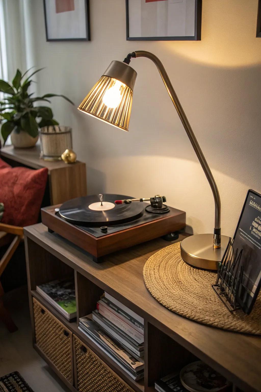 A gooseneck lamp providing focused light on a turntable.