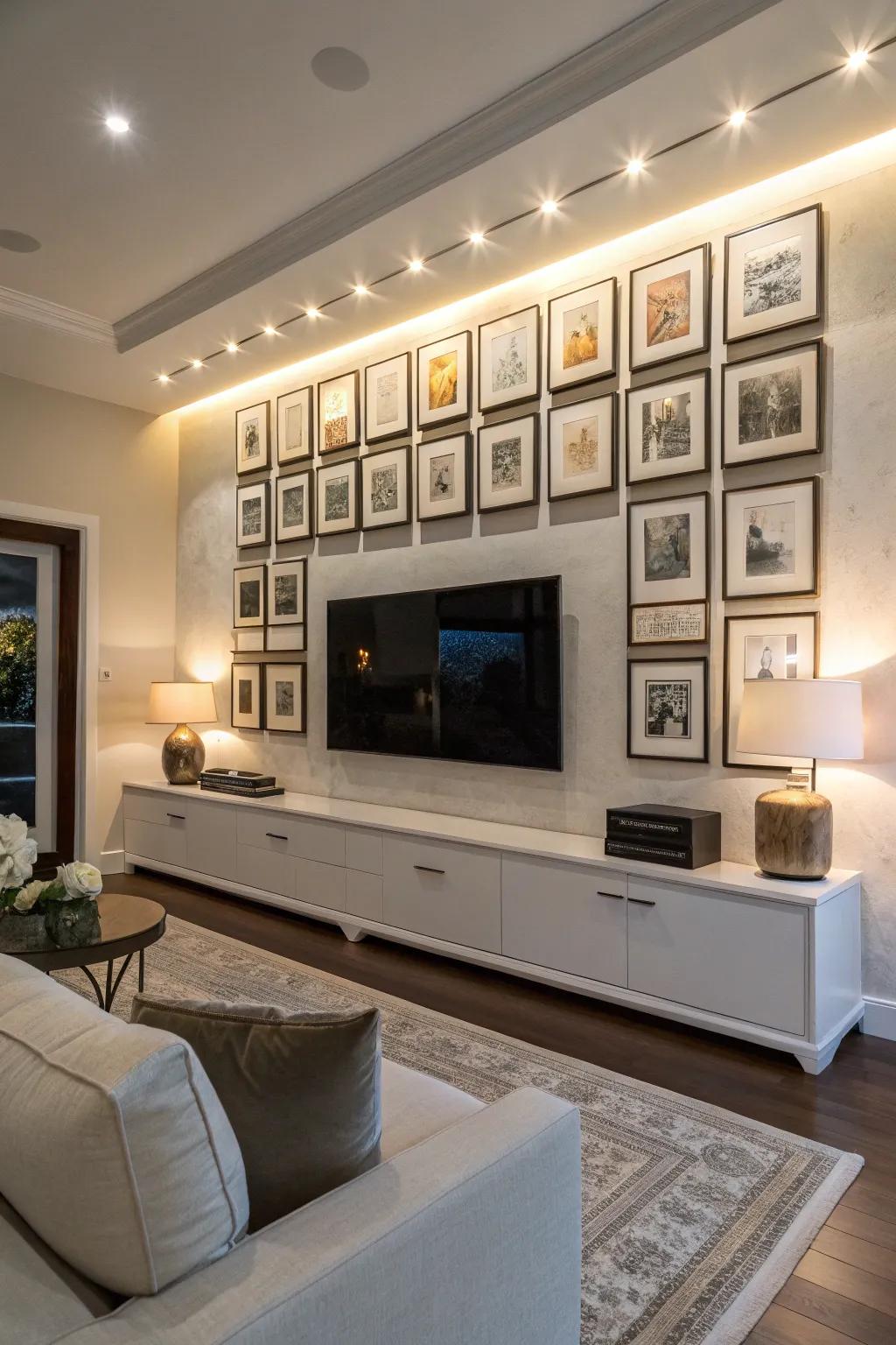 Balanced and symmetrical TV gallery wall design.