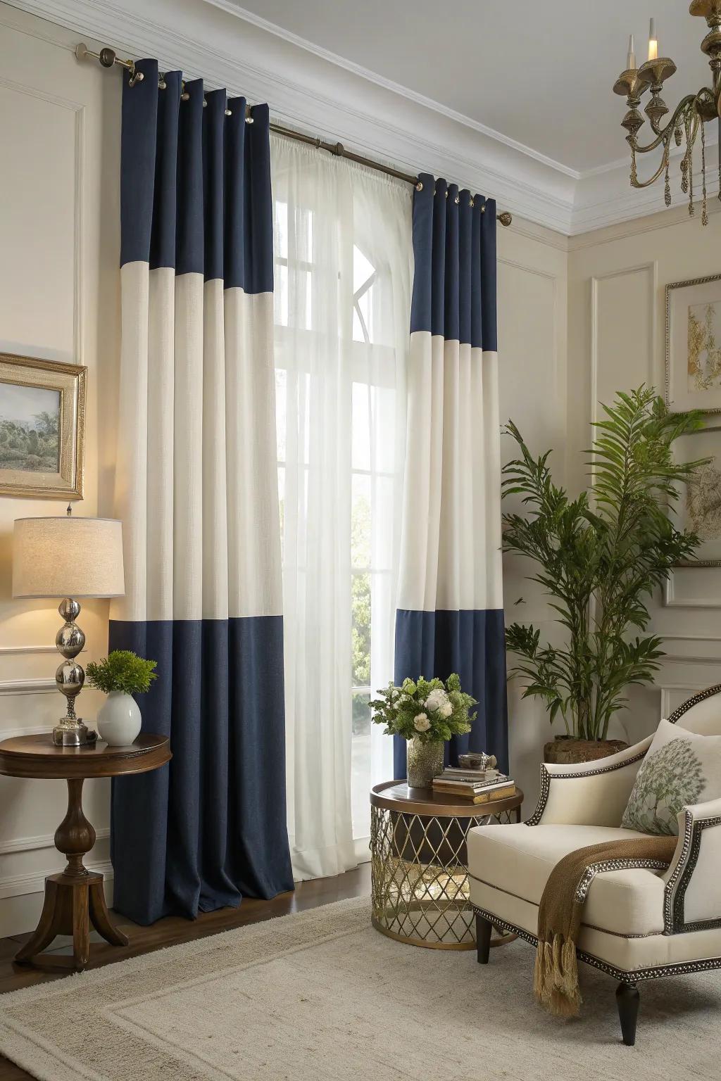 Navy and white curtains making a bold statement in a modern living room.