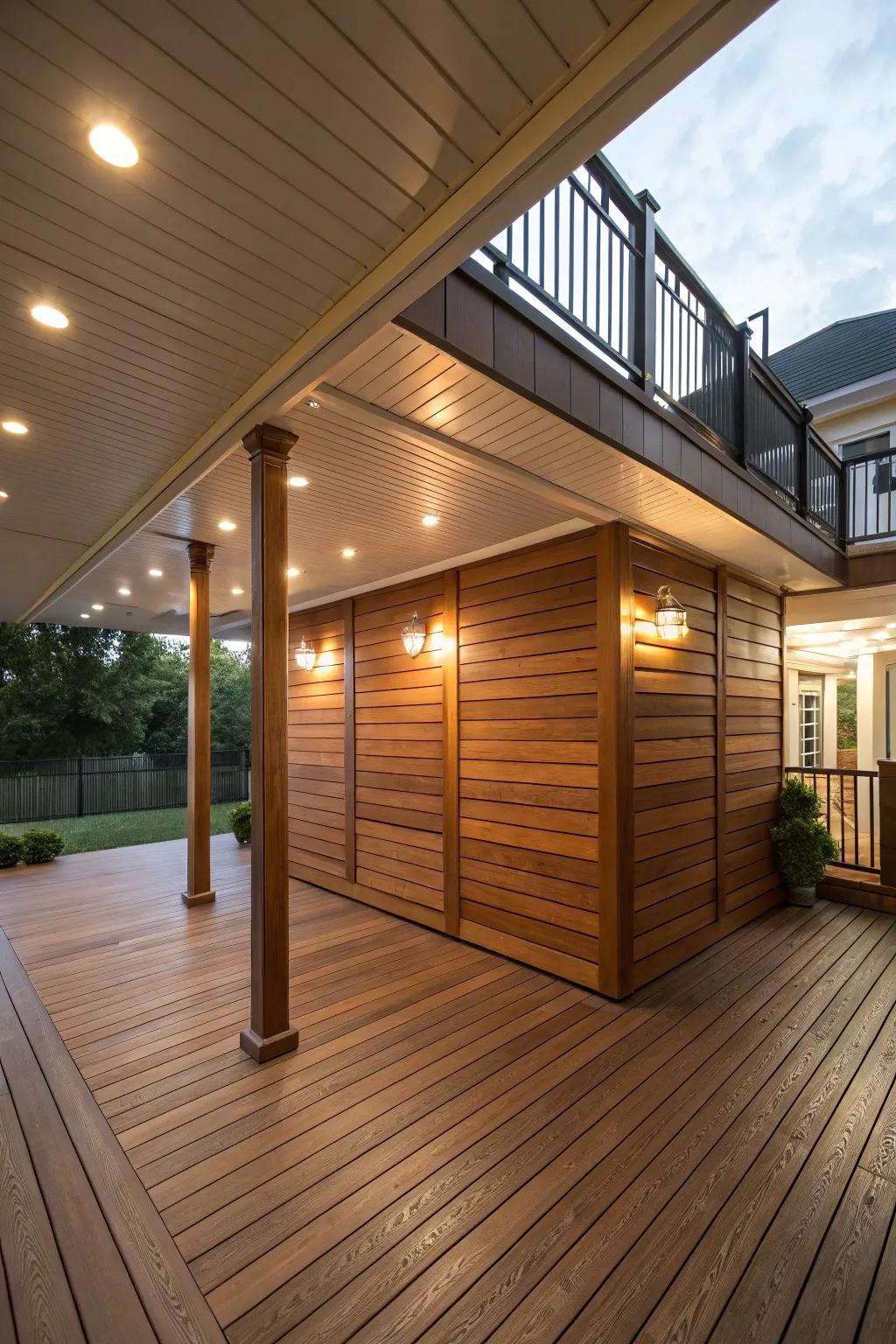 Wooden panels provide a sleek and organized look for under deck storage.