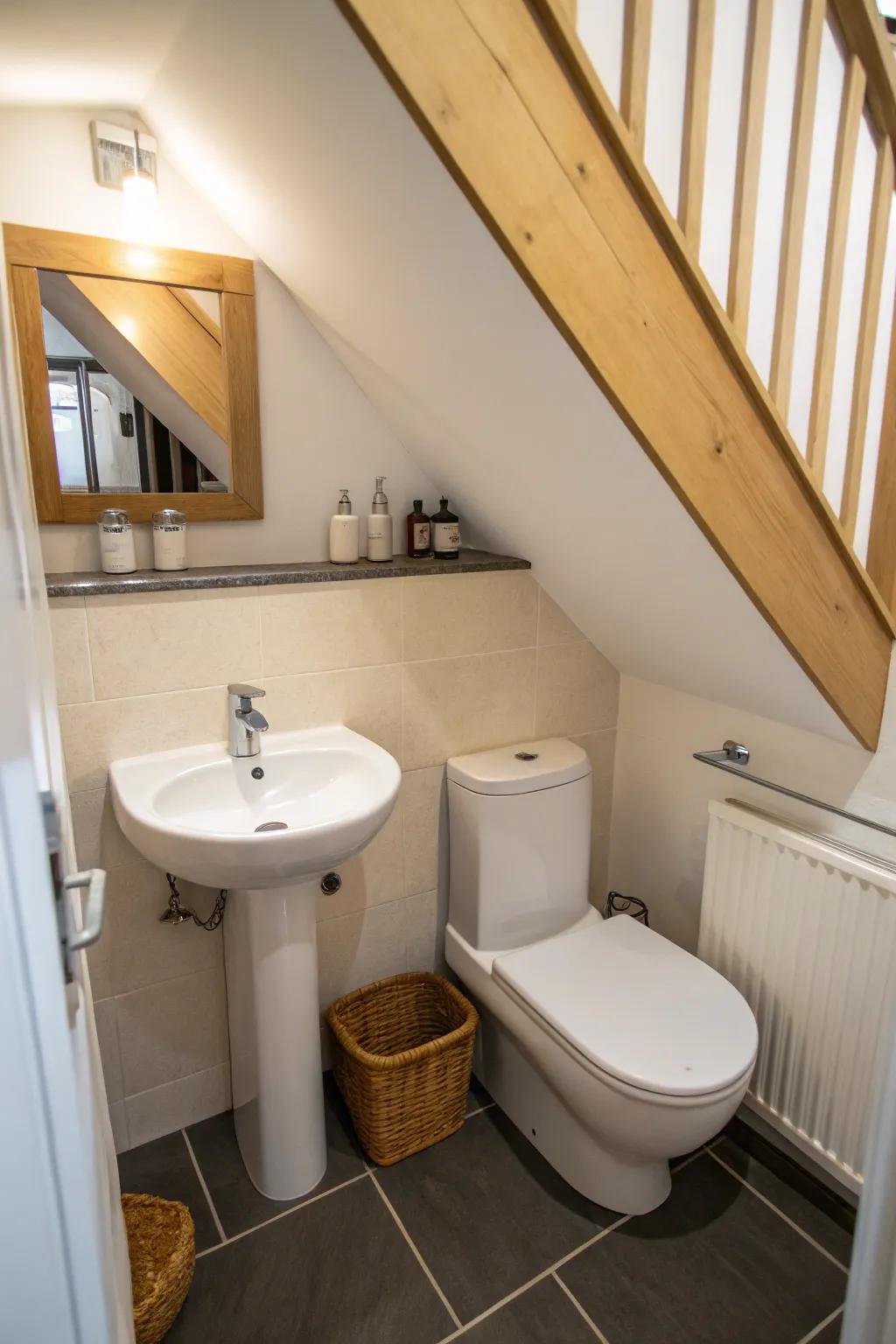 An under-stair bathroom with a smart compact layout using a corner sink and wall-mounted toilet.