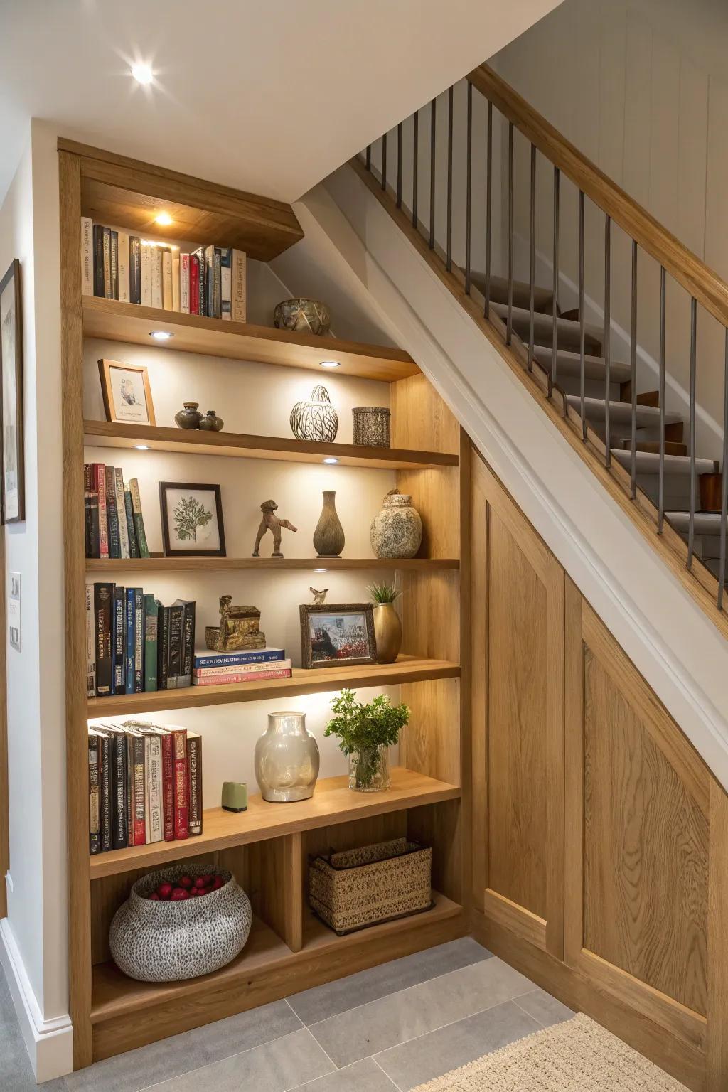 Custom shelving transforms under stairs space into an organized haven.