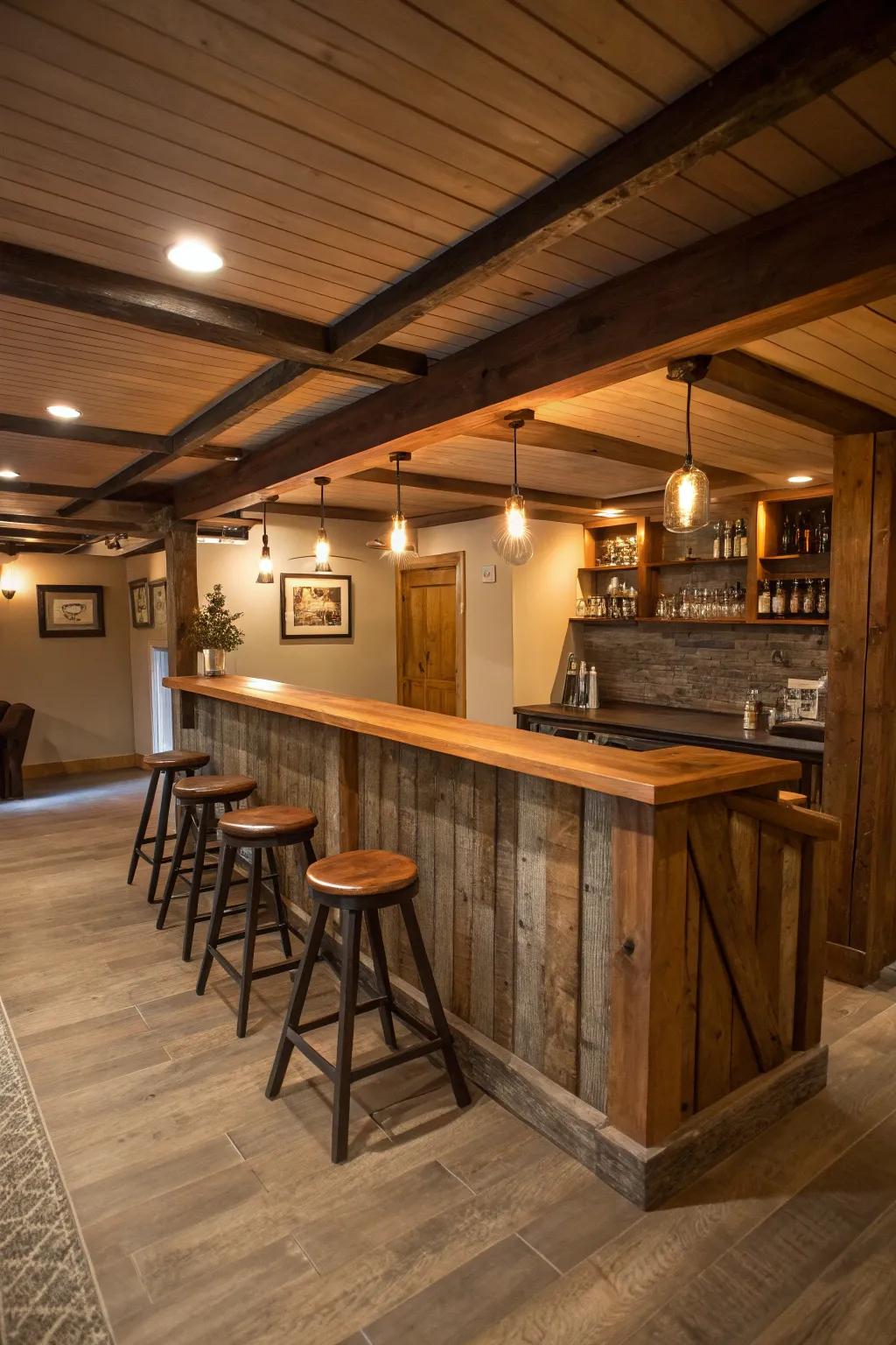 Natural wood elements create a warm and inviting basement bar.