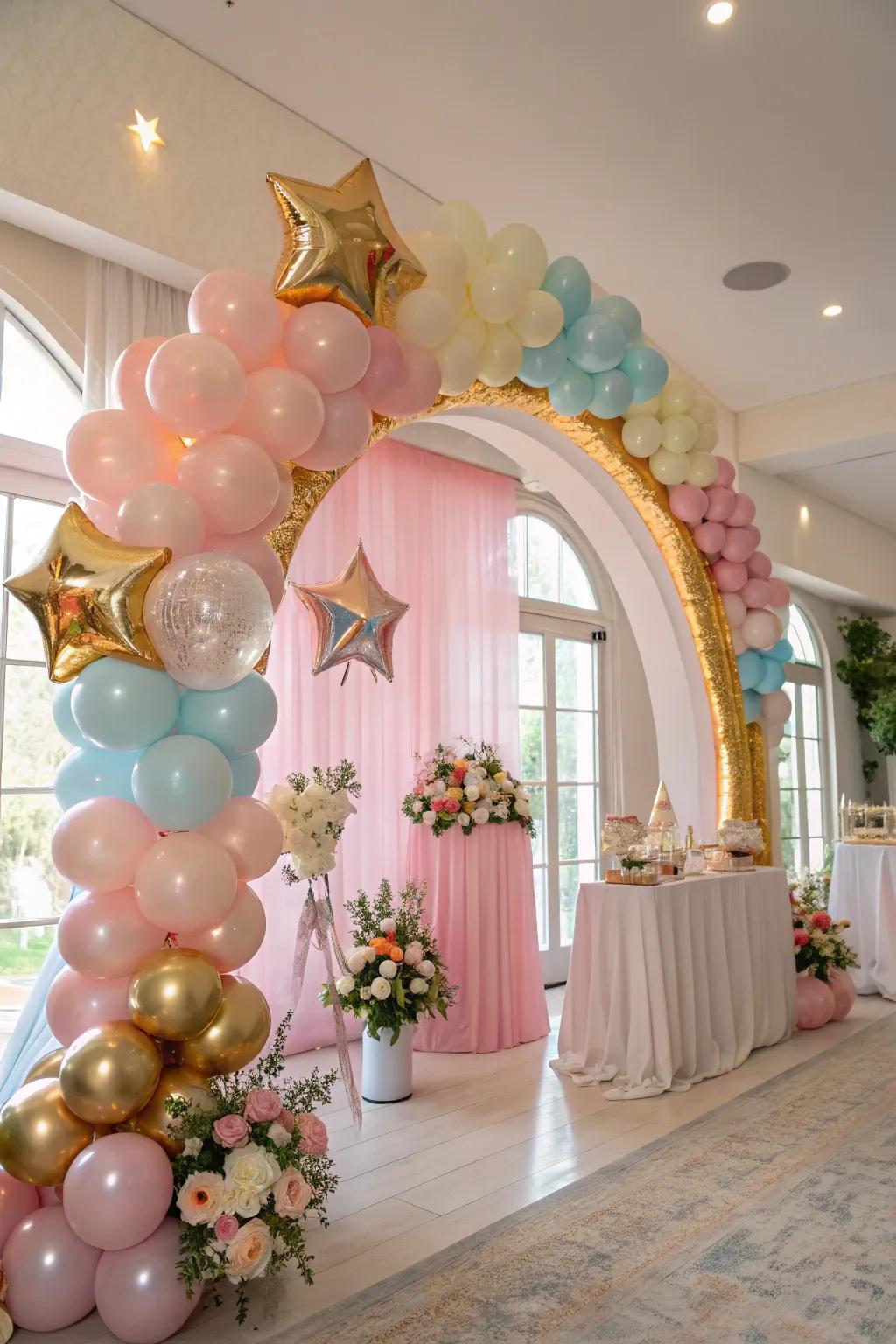 A stunning balloon arch with metallic accents and star shapes for a celestial theme.