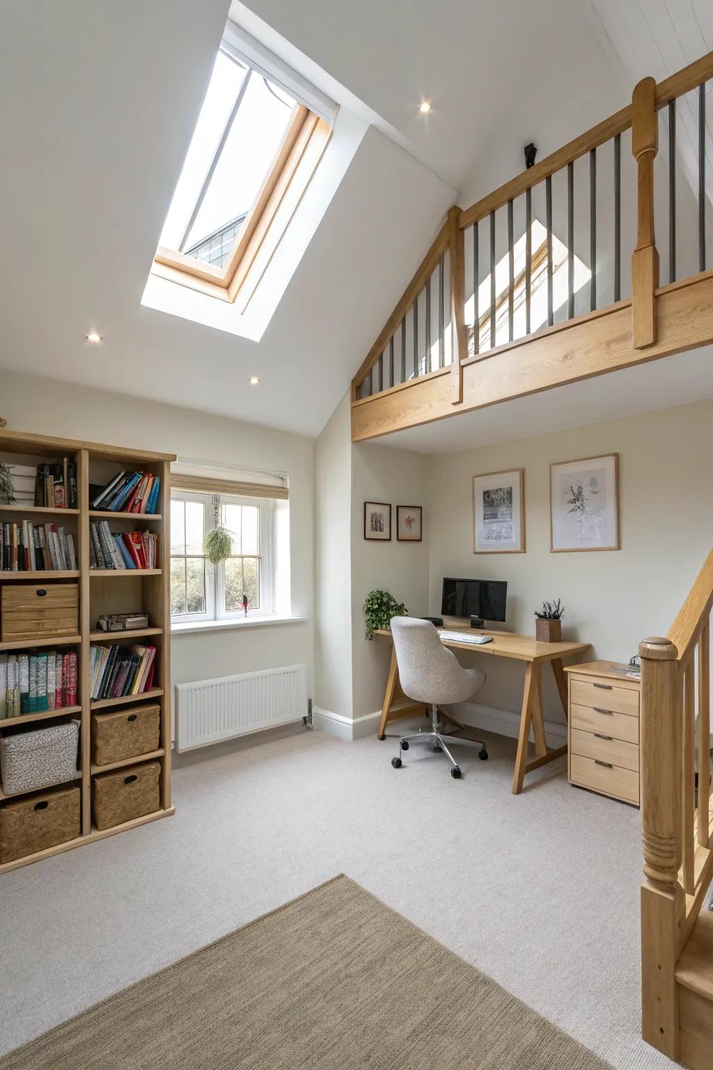 An open layout keeps your loft office feeling spacious.