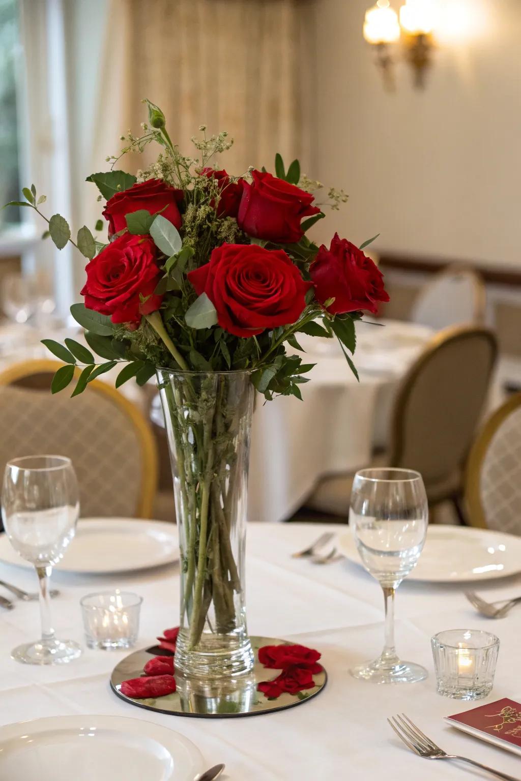 Classic red roses in a glass vase create a timeless centerpiece.