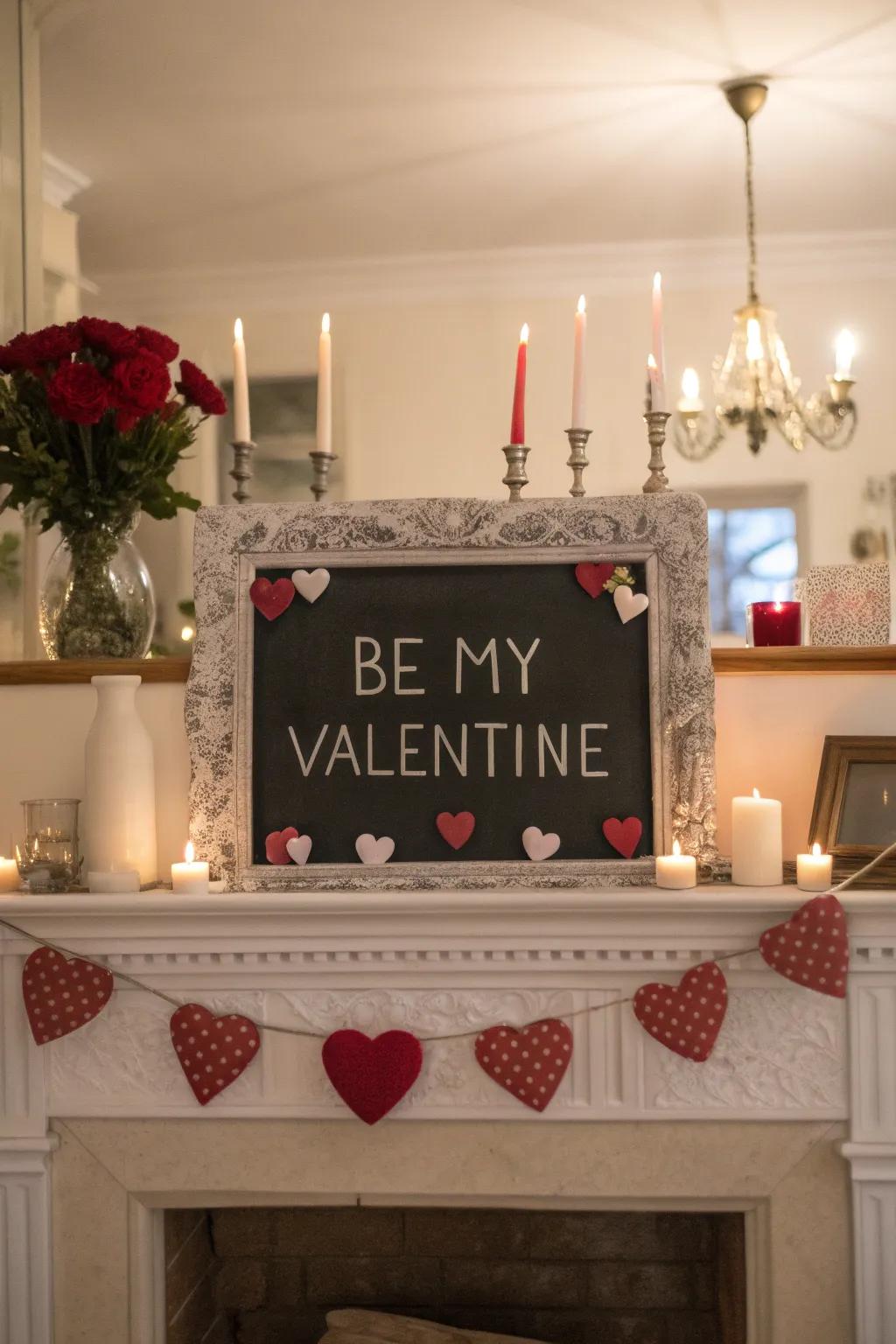 A romantic chalkboard message centerpiece for your mantel.