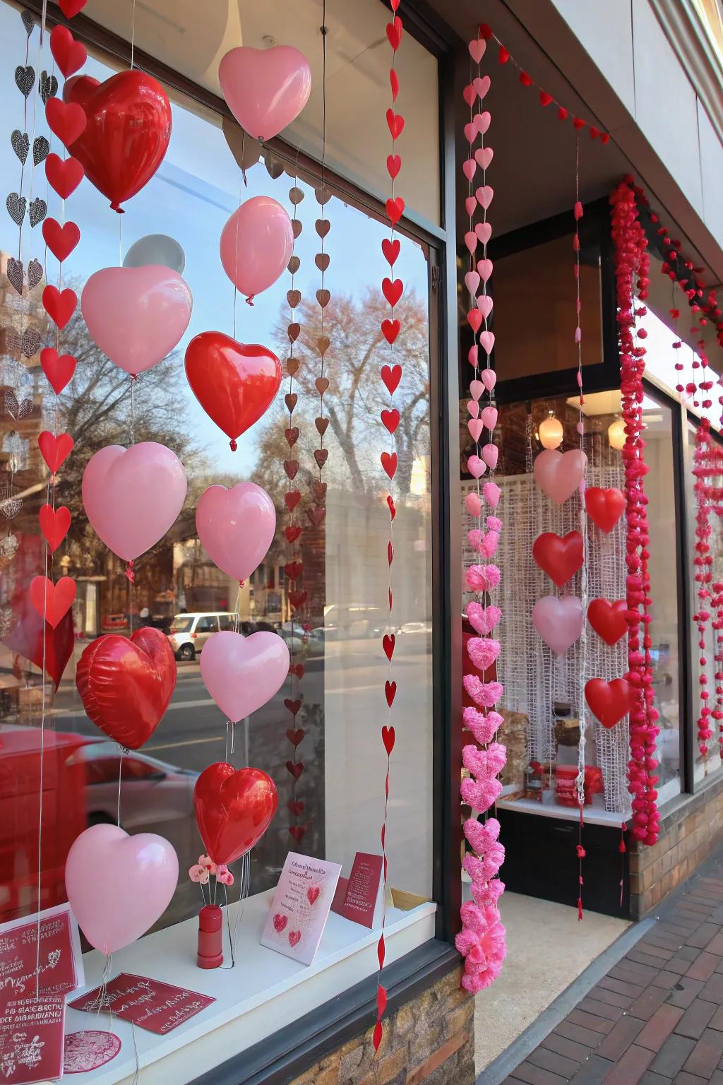 A store window showcasing an abundance of heart-shaped decorations for Valentine's Day.