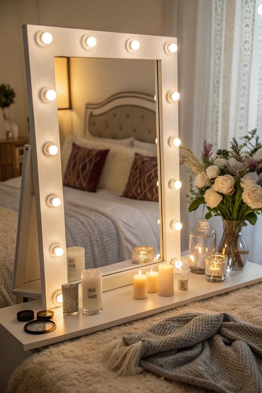 A well-lit vanity mirror perfect for makeup application.