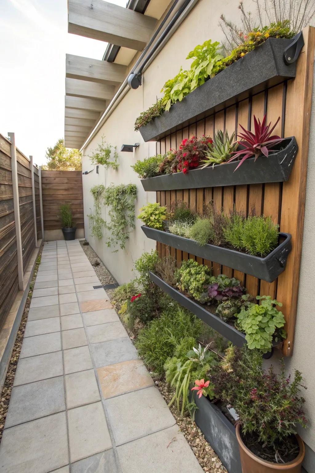 Vertical planters filled with herbs and succulents on a patio wall.