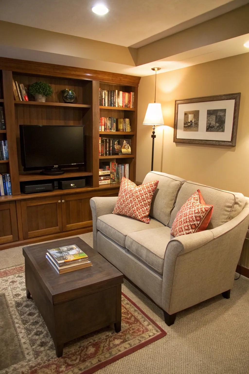 A compact loveseat enhances the coziness of a small TV room