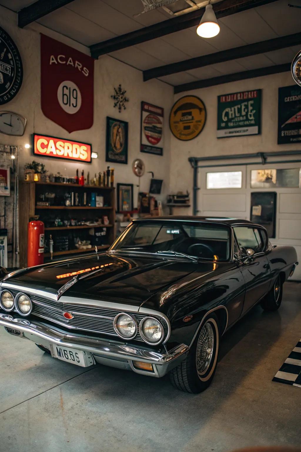 A classic car takes center stage in a beautifully styled vintage garage.