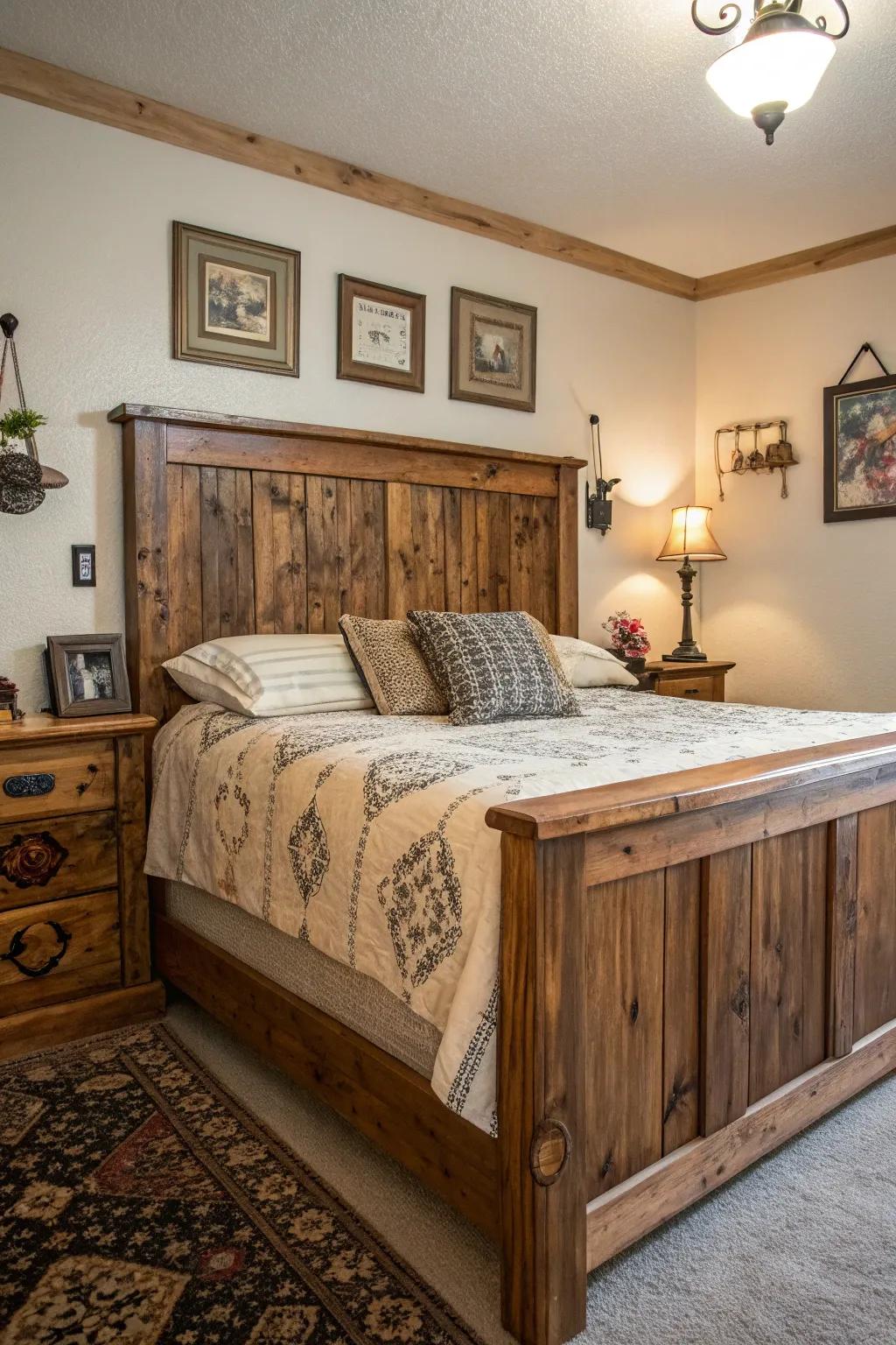 A rustic wooden headboard adds warmth and charm to your bedroom.