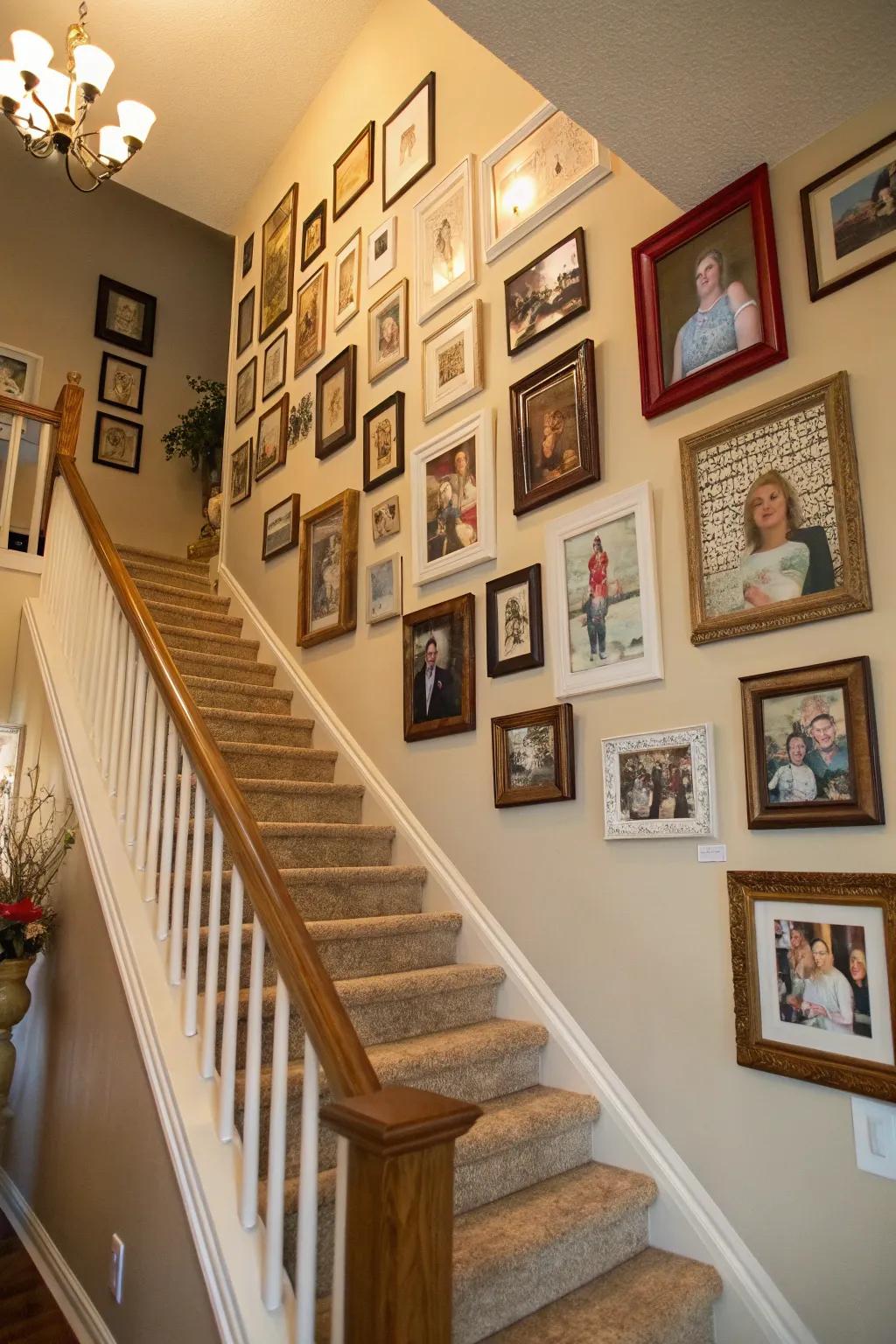 A gallery wall above the stairs adds a personal touch to your home.