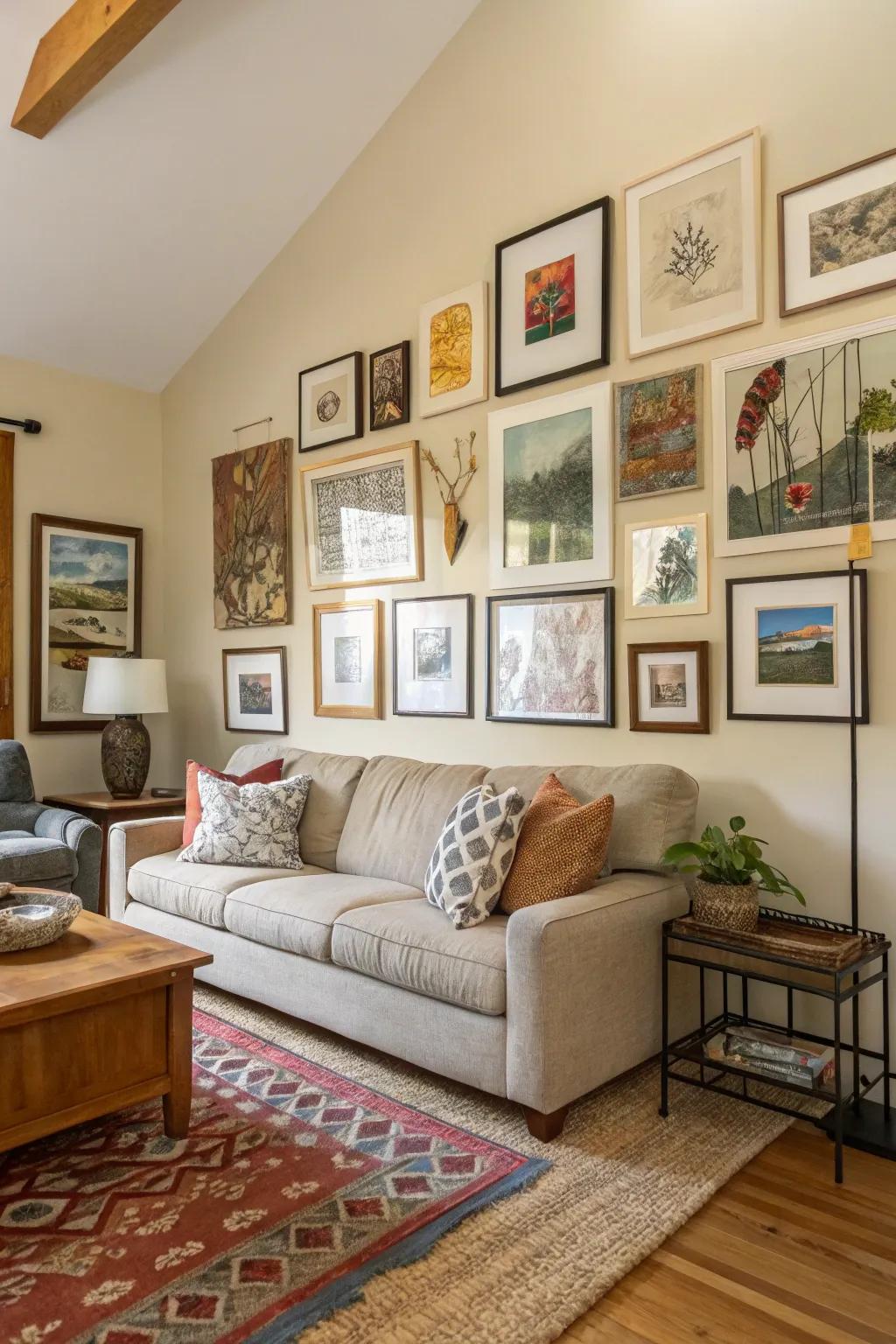 A chic gallery wall with an eclectic mix of art and frames.